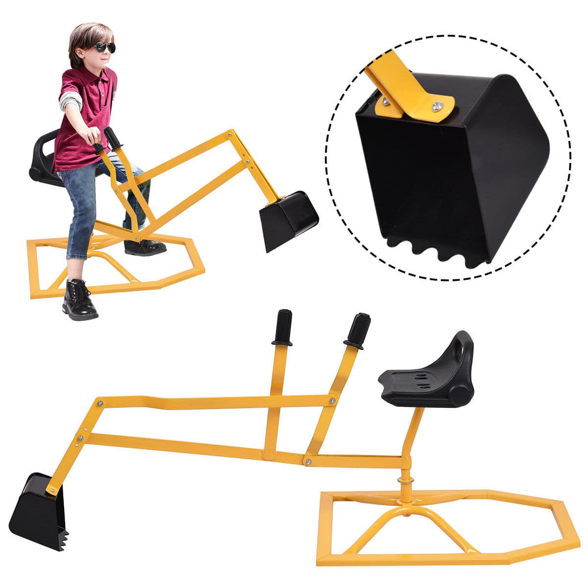 Gymax - Heavy Duty Kid Ride-on Sand Digger Digging Scooper Excavator for Sand Toy - Black/Yellow