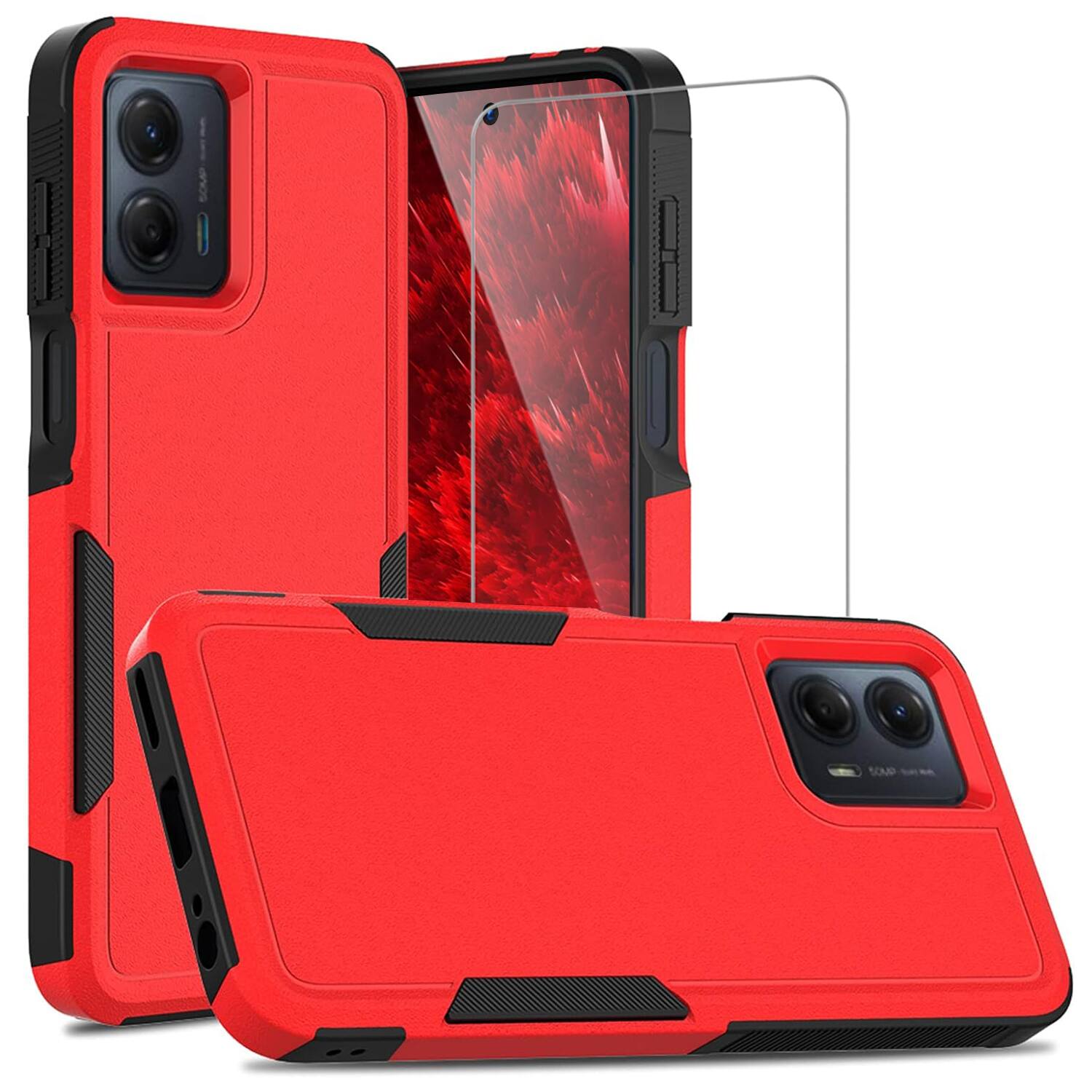 Front. Equipd - Phone Case for Moto G 5G 2024 (6.6 Inch), Heavy Duty Rugged Shockproof Protection Cover with Tempered Glass Screen Prote - Red.