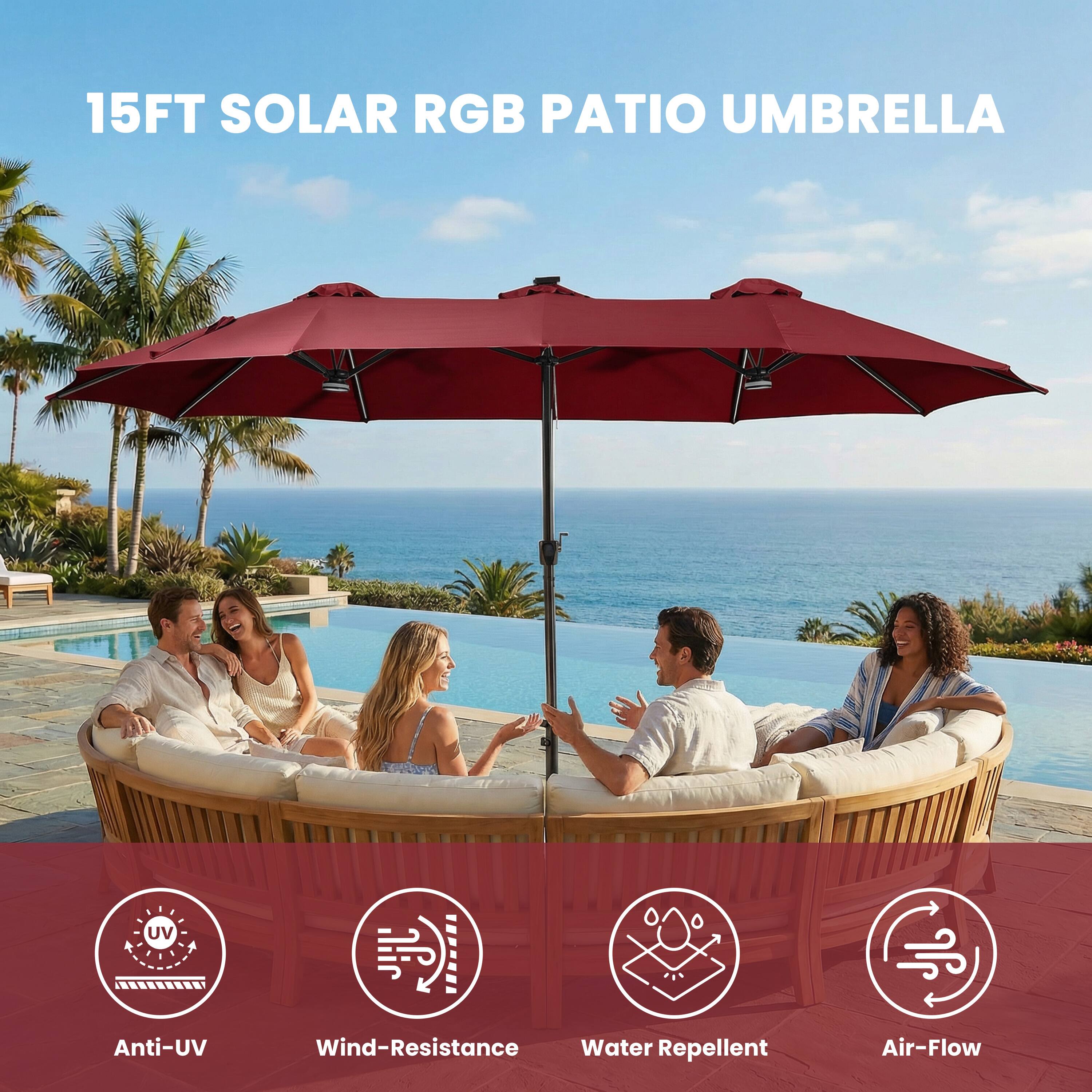 15FT SOLAR RGB PATIO UMBRELLA

Anti-UV  
Wind-Resistance  
Water Repellent  
Air-Flow