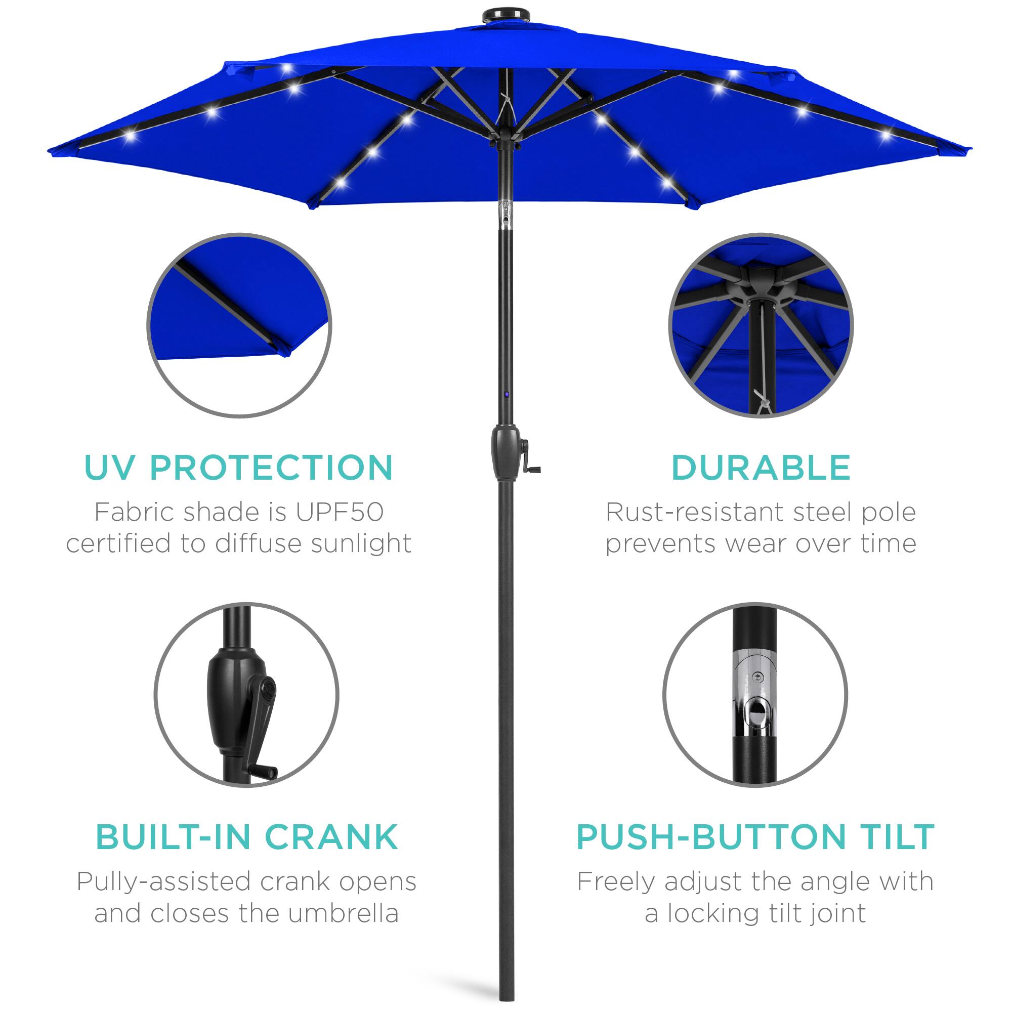 UV PROTECTION  
Fabric shade is UPF50 certified to diffuse sunlight  

DURABLE  
Rust-resistant steel pole prevents wear over time  

BUILT-IN CRANK  
Pully-assisted crank opens and closes the umbrella  

PUSH-BUTTON TILT  
Freely adjust the angle with a locking tilt joint