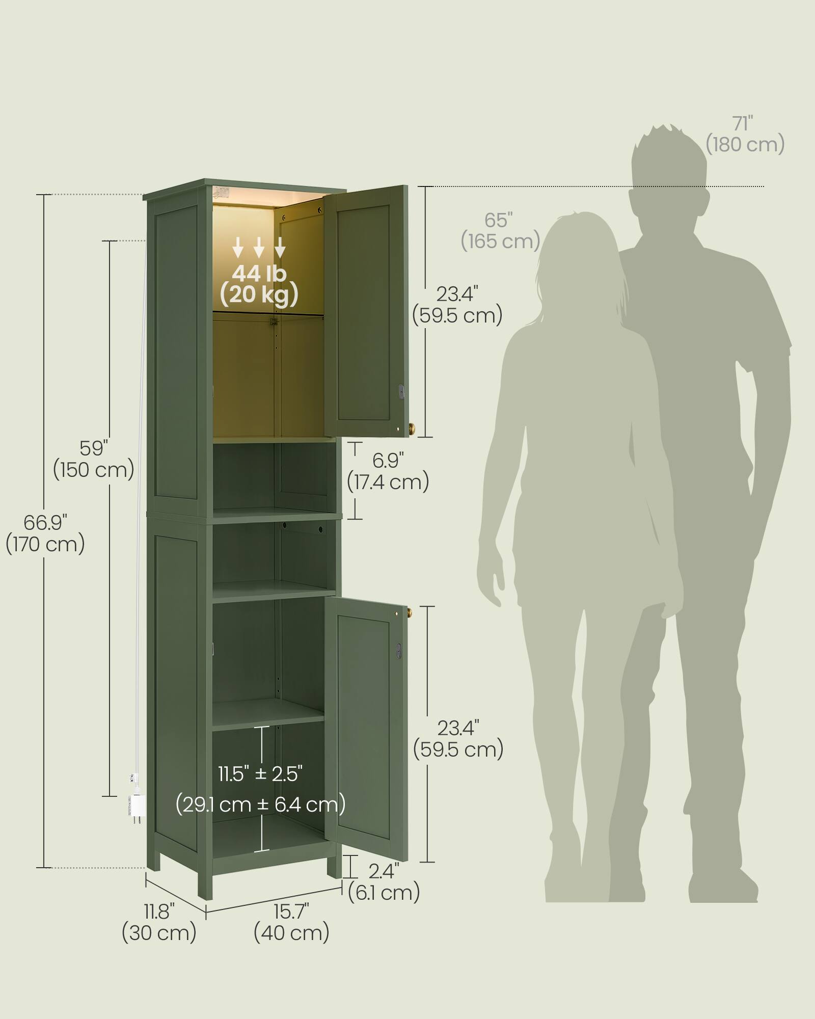 71" (180 cm)  
44 lb (20 kg)  
65" (165 cm)  
23.4" (59.5 cm)  
59" (150 cm)  
66.9" (170 cm)  
6.9" (17.4 cm)  
11.5" ± 2.5" (29.1 cm ± 6.4 cm)  
23.4" (59.5 cm)  
11.8" (30 cm)  
2.4" (6.1 cm)  
15.7" (40 cm)