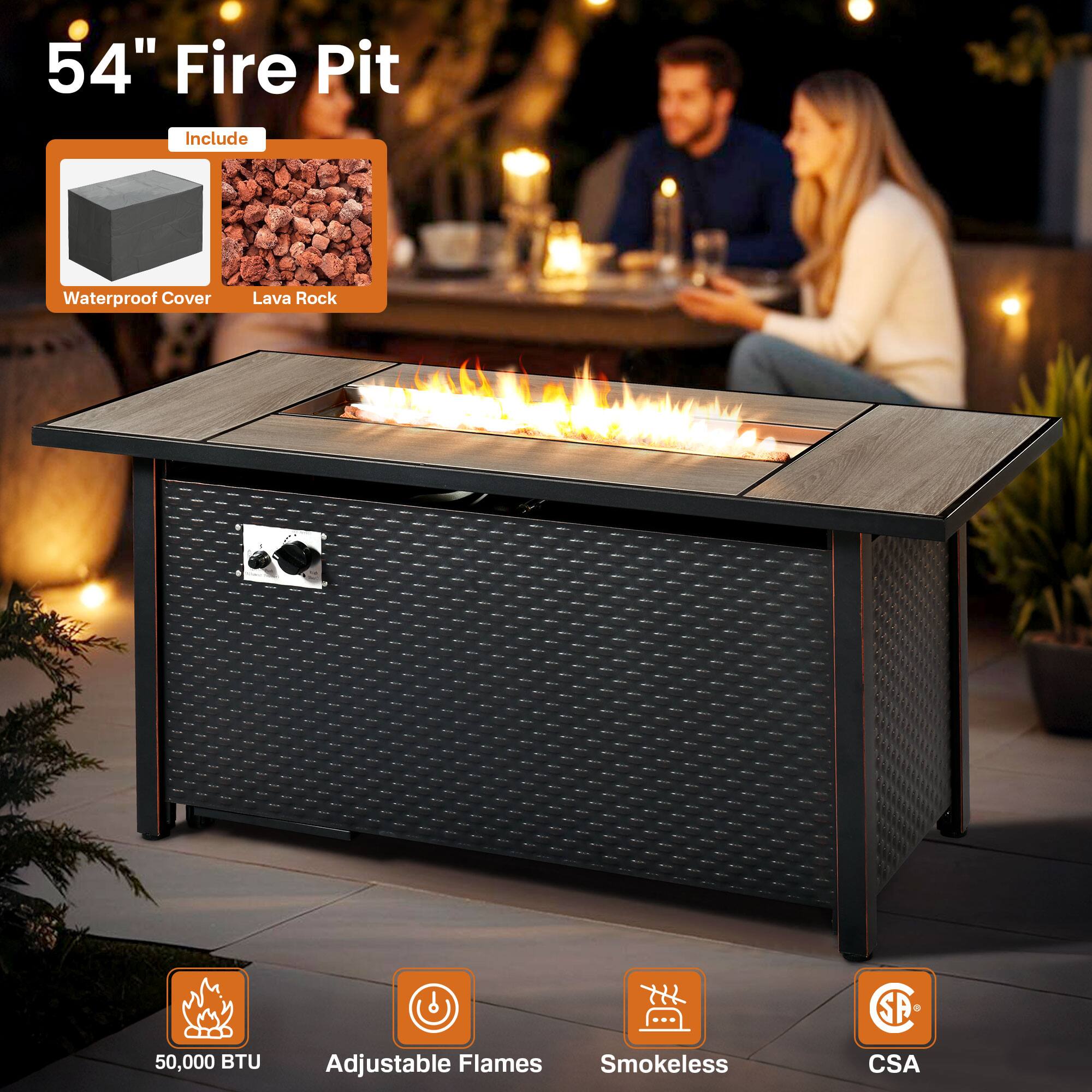 54" Fire Pit

Include
- Waterproof Cover
- Lava Rock

50,000 BTU
Adjustable Flames
Smokeless
CSA