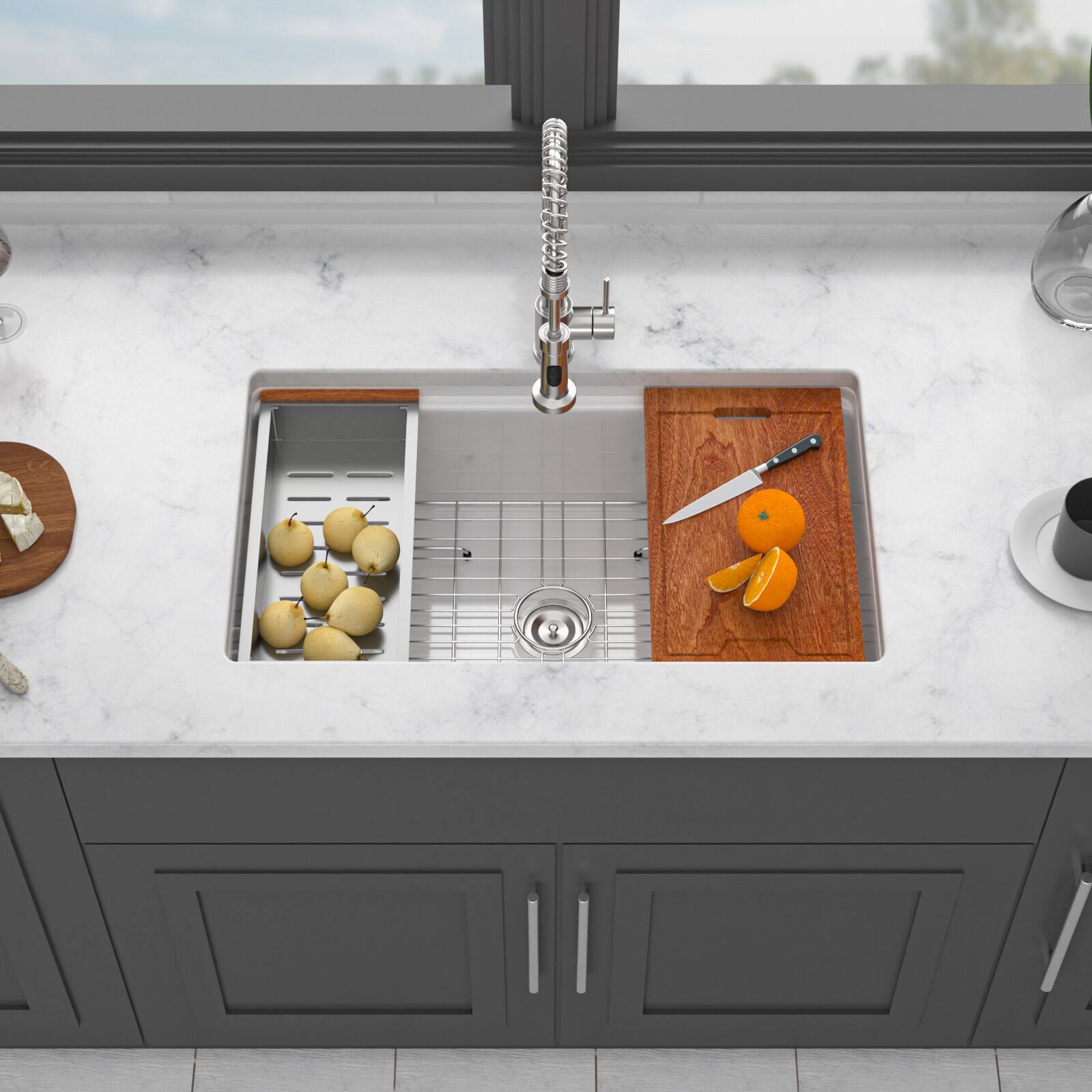 Angle. Siljoy - Undermount White Kitchen Sink Workstation - 33x19x10 inch White Porcelain Ceramic Single Bowl Dual Mount Kitchen Sink - White.