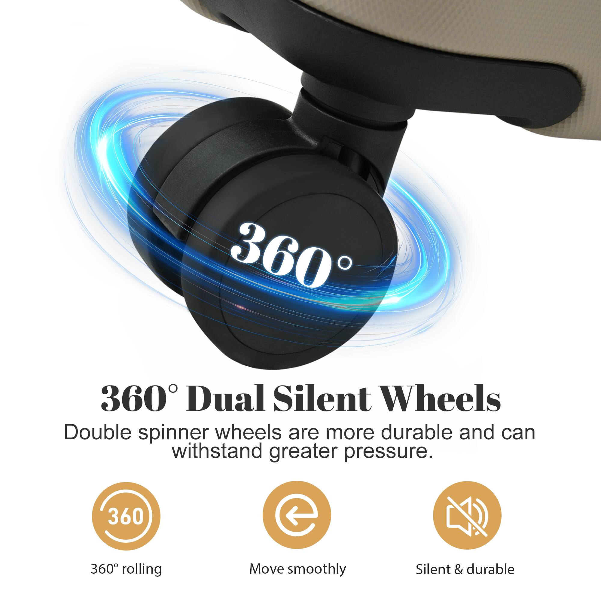 360° Dual Silent Wheels

Double spinner wheels are more durable and can withstand greater pressure.

- 360° rolling
- Move smoothly
- Silent & durable