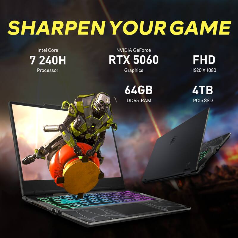 SHARPEN YOUR GAME  
Intel Core 7 240H Processor  
NVIDIA GeForce RTX 5060 Graphics  
FHD 1920 x 1080  
64GB DDR5 RAM  
4TB PCIe SSD