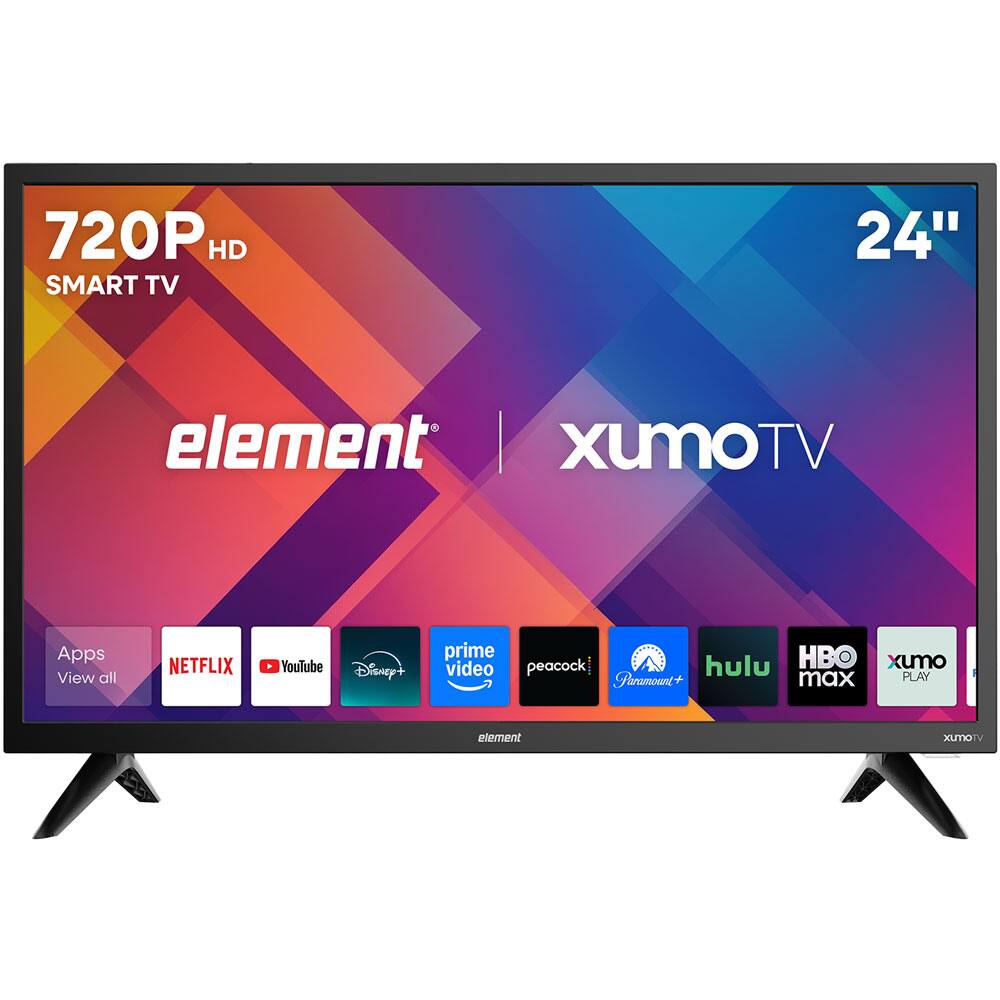 720P HD SMART TV 24" element XumoTV

TV Apps:
- Netflix
- YouTube
- Disney+
- Prime Video
- Peacock
- Paramount+
- Hulu
- HBO Max
- Xumo Play

View all Apps