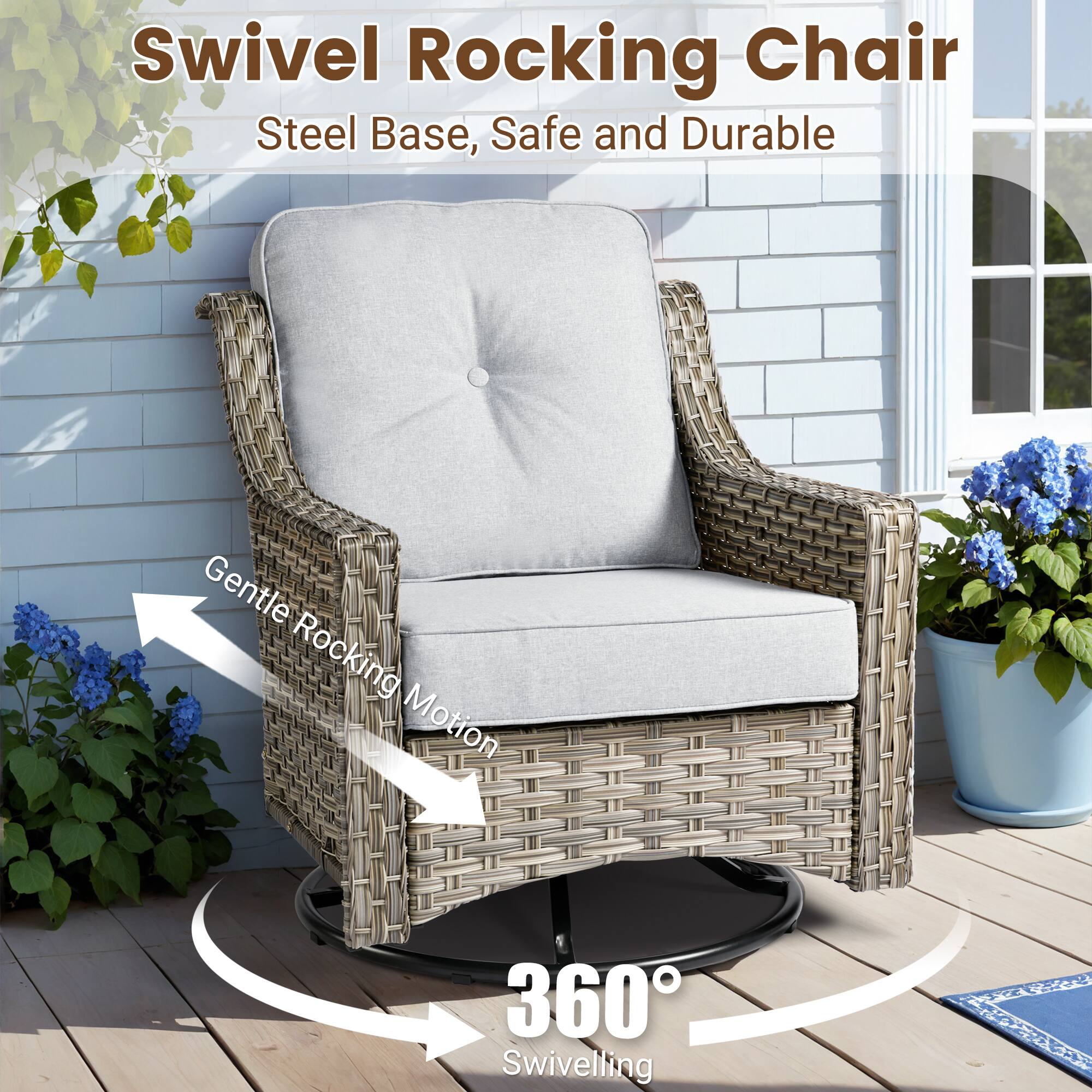 Swivel Rocking Chair  
Steel Base, Safe and Durable  

Gentle Rocking Motion  

360° Swivelling