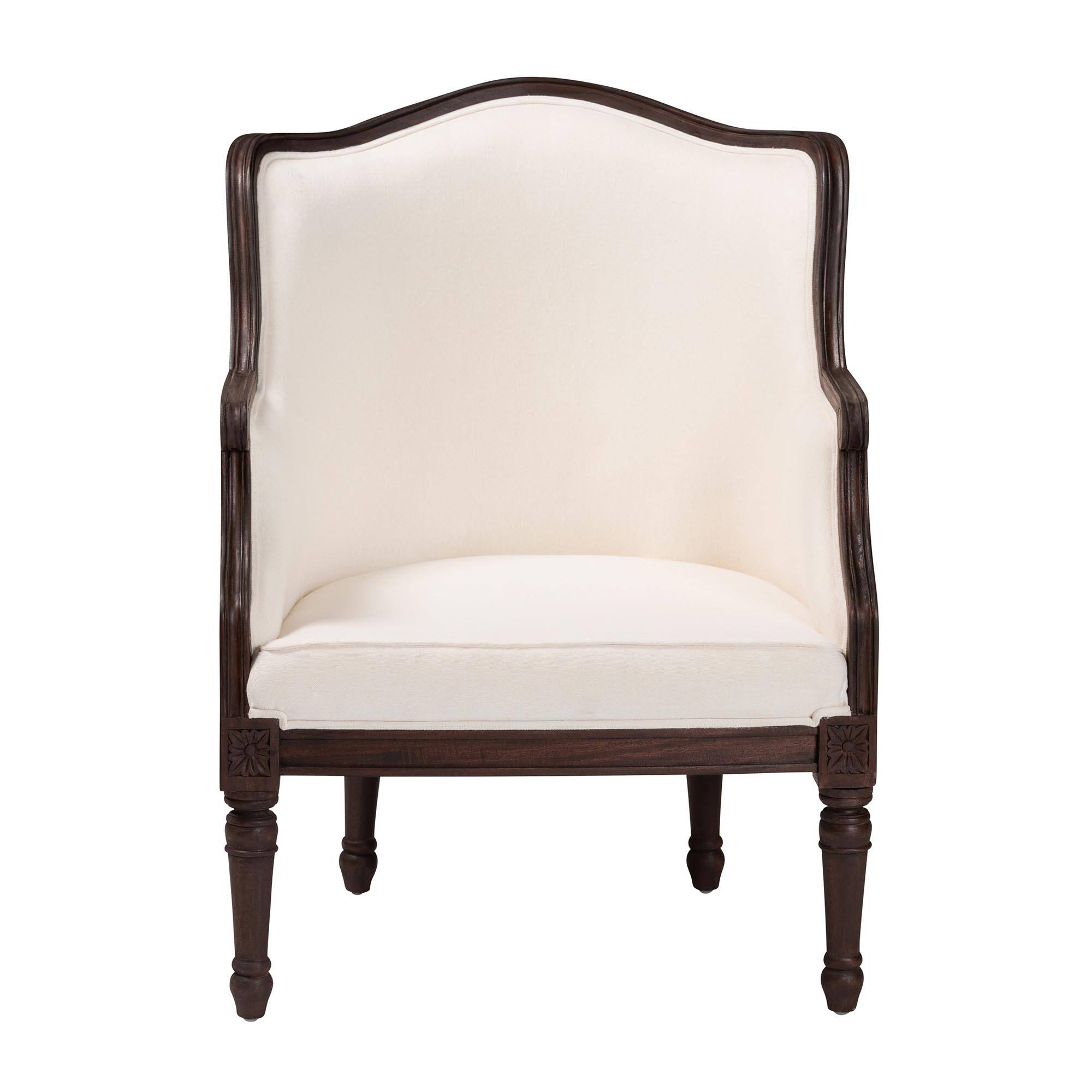 Angle. bali & pari - Ornella Traditional French Fabric and Dark Finished Wood Accent Chair - Beige/Dark Brown.