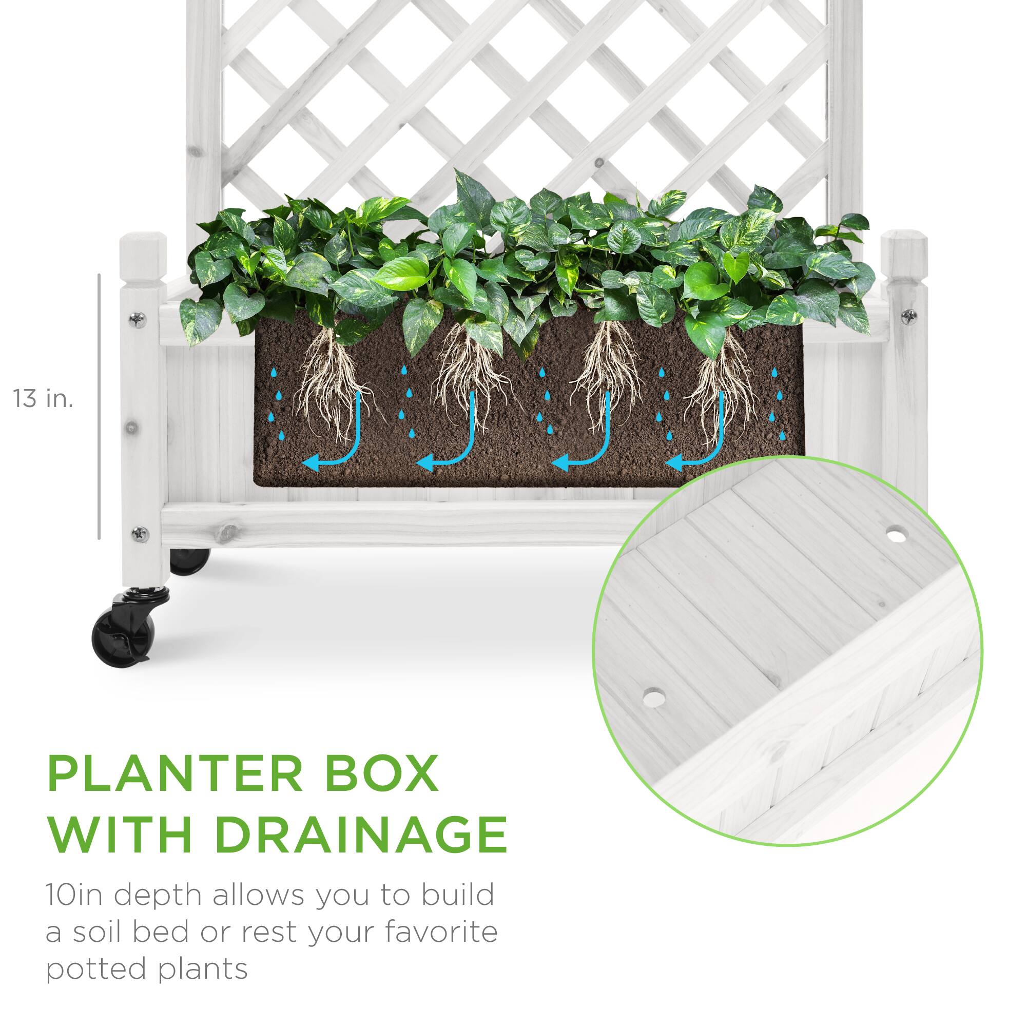 13 in. PLANTER BOX WITH DRAINAGE  
10 in. depth allows you to build a soil bed or rest your favorite potted plants