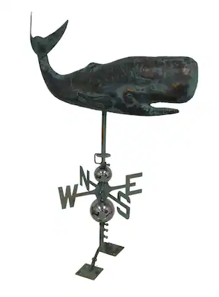 Front. Zeckos - Verdigris Finish Metal Whale Weather Vane w/Roof Mount - Dark Green.