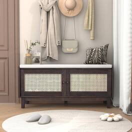 Ropilly - Boho Rattan Entryway Bench with Storage, Cushioned Shoe Organizer with Doors and Adjustable Shelves, Espresso - Espresso and Beige
