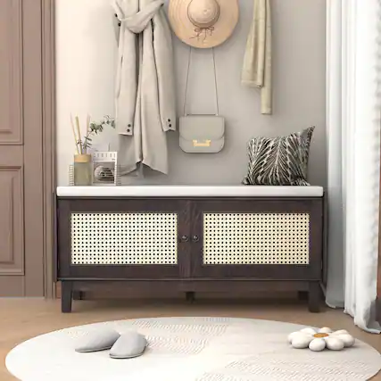 Front. Ropilly - Ropilly Boho Rattan Entryway Bench with Storage, Cushioned Shoe Organizer with Doors and Adjustable Shelves, Espresso - Espresso and Beige.