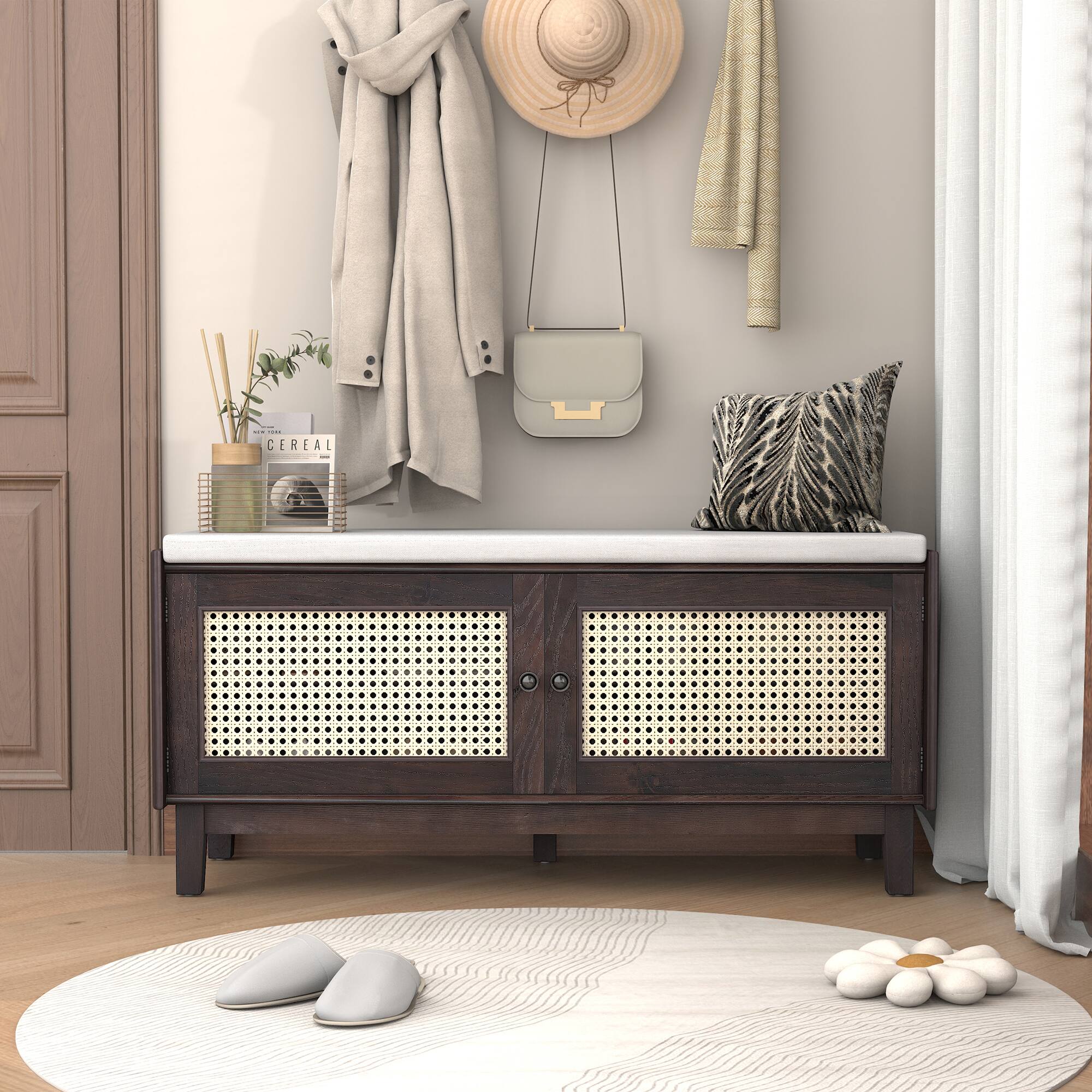 Left. Whisen - Rattan Shoe Storage Bench with Double Doors and Adjustable Shelves-Espresso - Espresso.