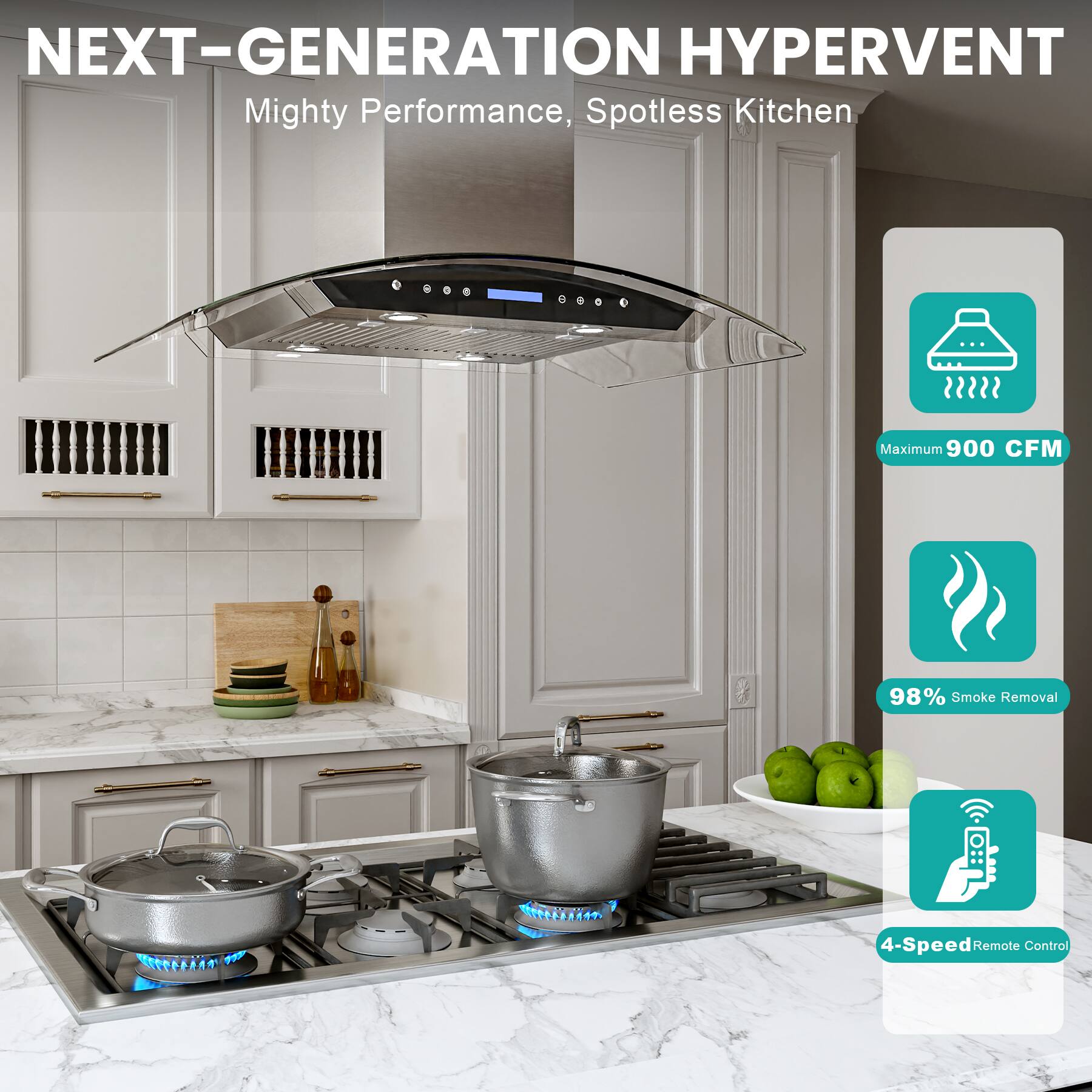 NEXT-GENERATION HYPERVENT  
Mighty Performance, Spotless Kitchen  

- Maximum 900 CFM  
- 98% Smoke Removal  
- 4-Speed Remote Control
