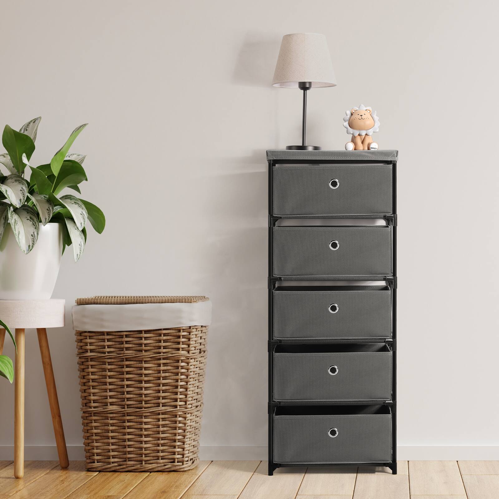 Back. Oumilen - Tall 5-Drawer Fabric Storage Tower, Dark Gray with Wood Top - Dark Gray.