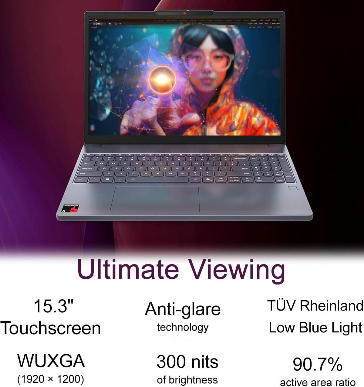 Ultimate Viewing

15.3" Touchscreen  
WUXGA (1920 x 1200)  
Anti-glare technology  
300 nits of brightness  
TÜV Rheinland Low Blue Light  
90.7% active area ratio