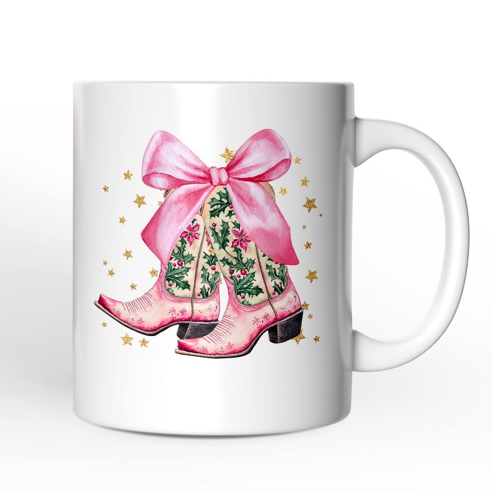 Front. OrnamentallyYou - Pink Western Coquette Cowgirl Boots Mug, Country Holiday Gift - White.