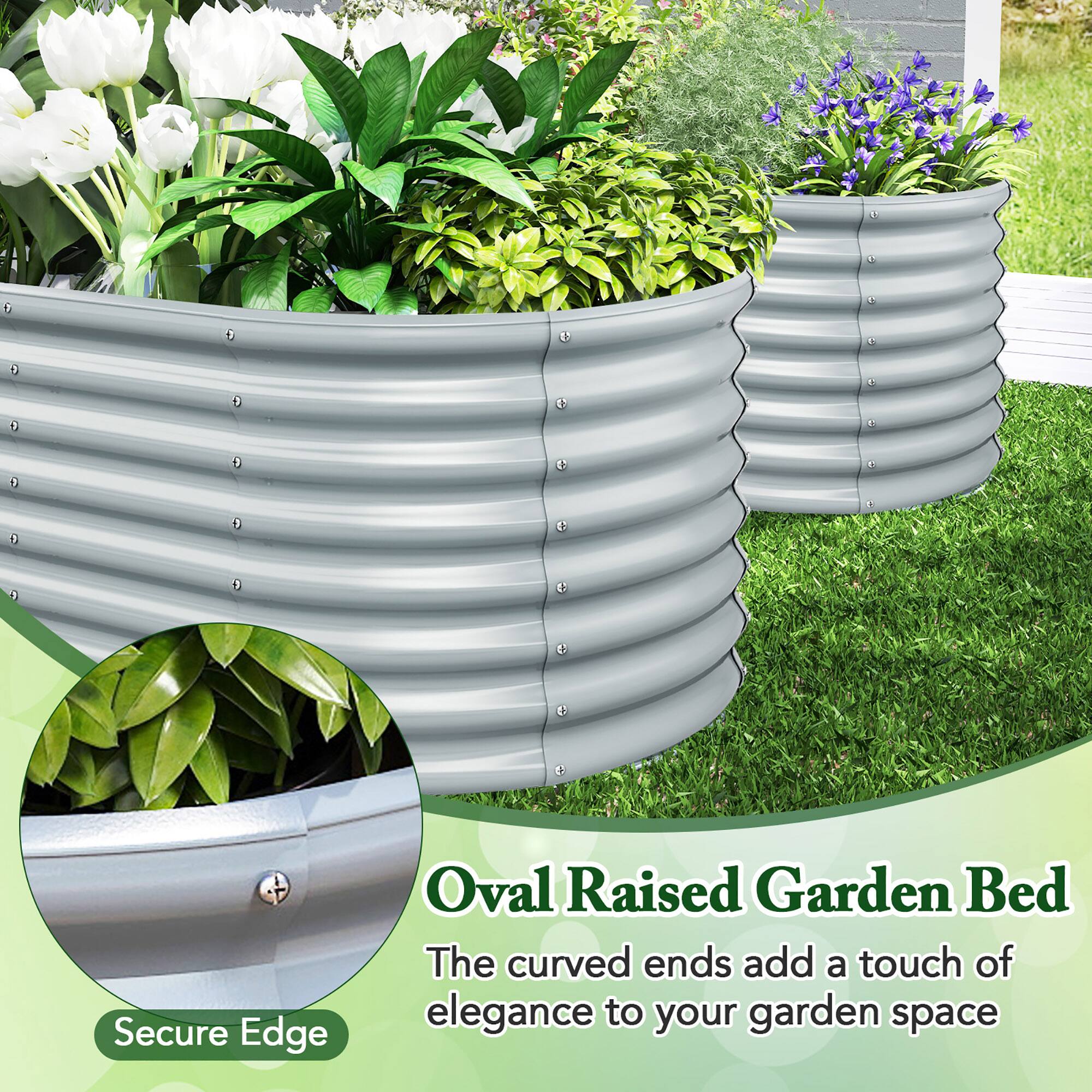 Oval Raised Garden Bed  
The curved ends add a touch of elegance to your garden space  

Secure Edge Oval Raised Garden Bed  
The curved ends add a touch of elegance to your garden space