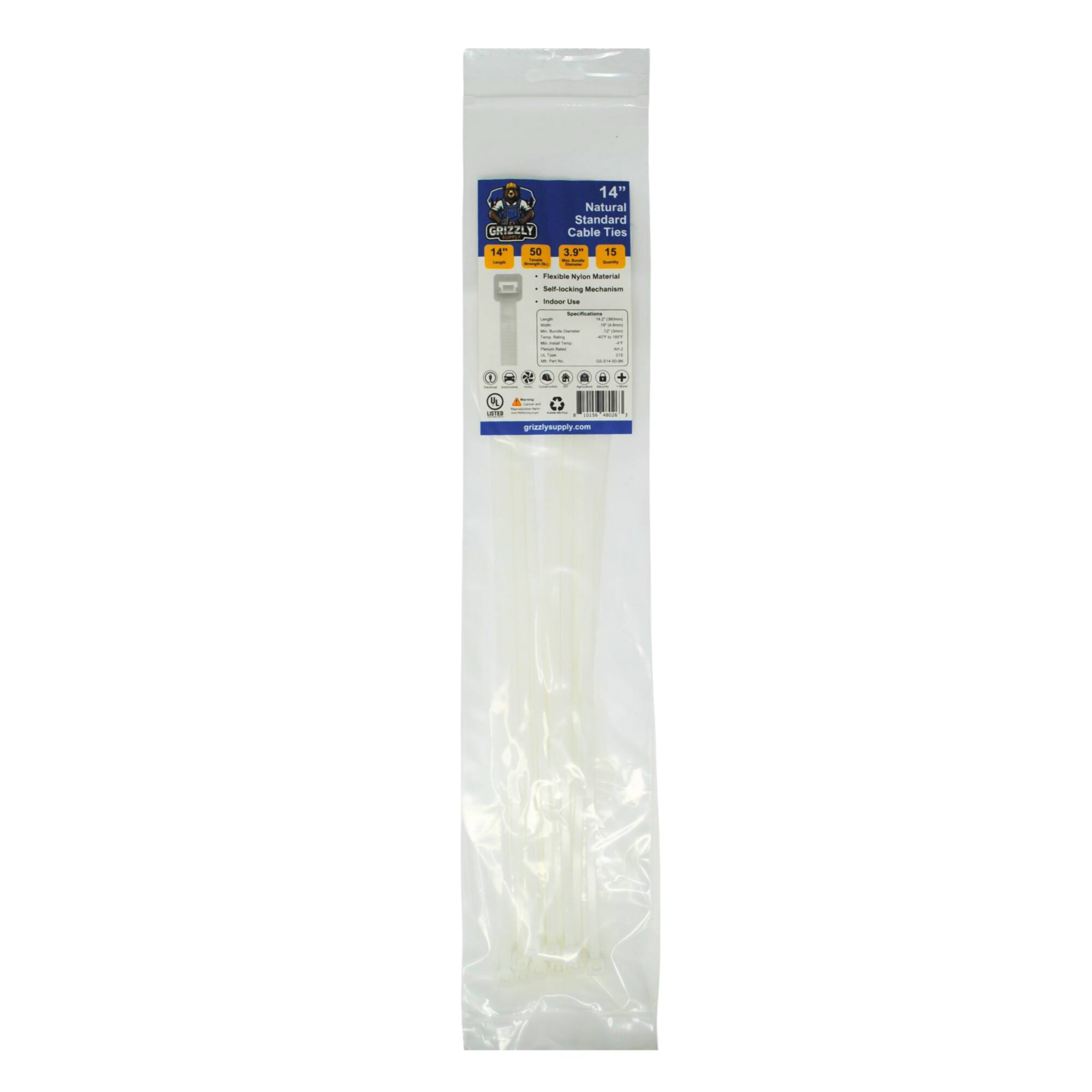 GRIZZLY - 14" Standard Cable Ties - 14 : s0  39 3 -- 15 -  Nylon - N0 - - I  - | I - - - I - .  I F A . : : | -oo_y.c
