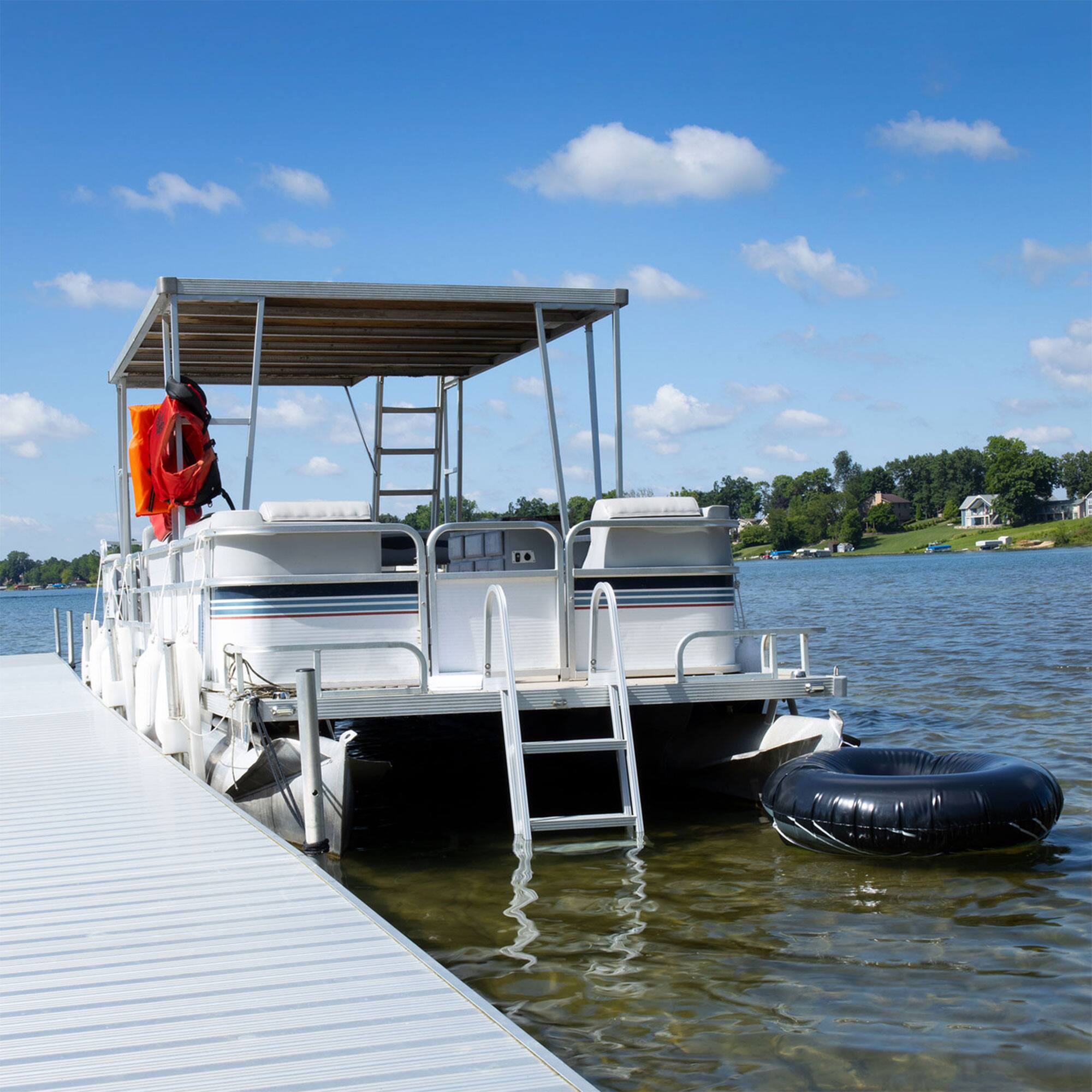 Alt View 5. RecPro - RecPro 3 Step Angled Aluminum Pontoon Dock and Boat Boarding Ladder, Silver - Silver.