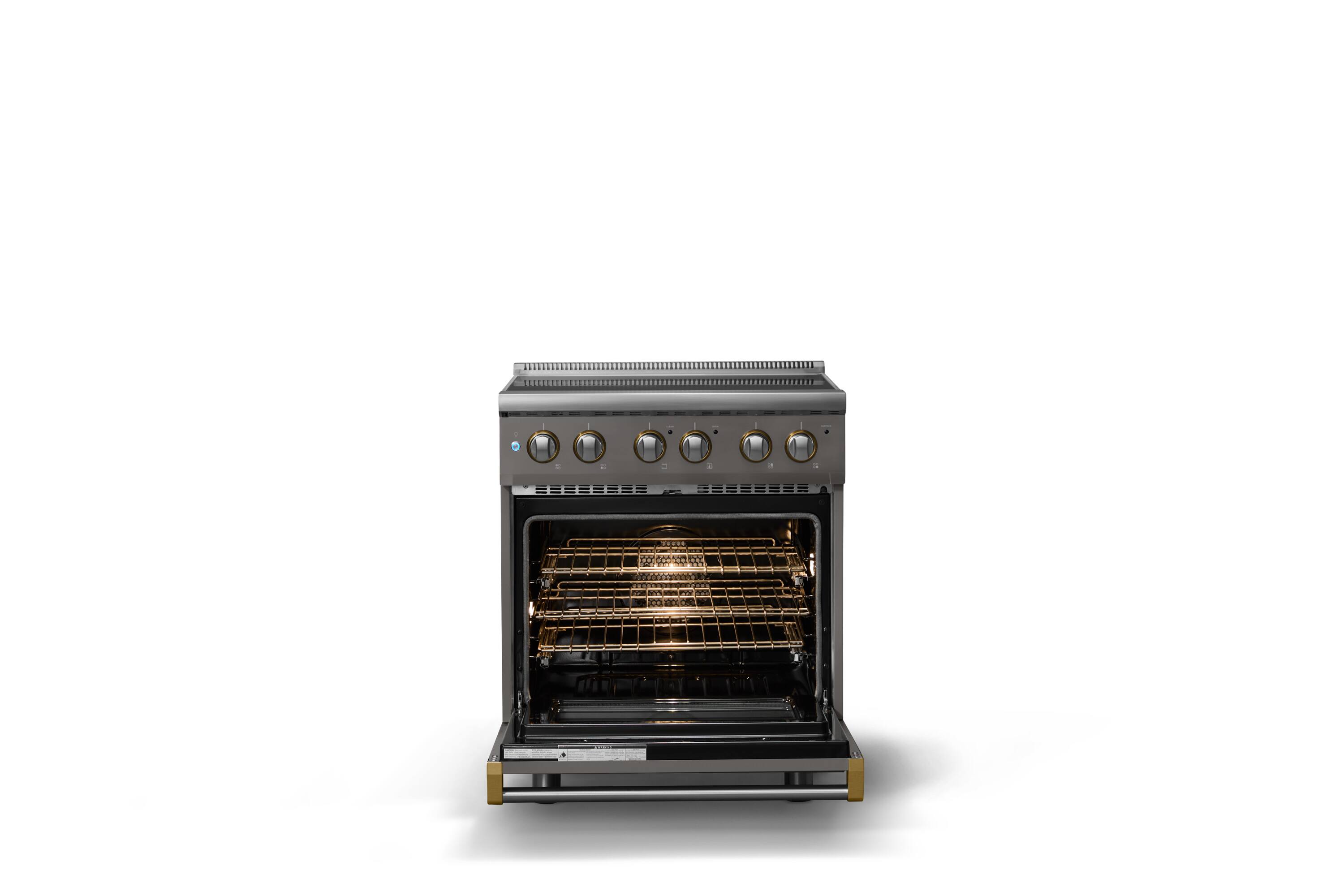 Alt View 3. Viking - 30 in. Wide 4 Elements Pro 5 Series 4.7 Cu.Ft. Freestanding Electric Convection Range Brushed Brass Trim - Damascus Gray.