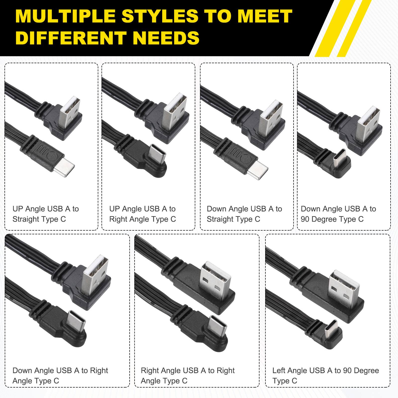 MULTIPLE STYLES TO MEET DIFFERENT NEEDS

- UP Angle USB A to Straight Type C
- UP Angle USB A to Right Angle Type C
- Down Angle USB A to Straight Type C
- Down Angle USB A to 90 Degree Type C
- Down Angle USB A to Right Angle Type C
- Right Angle USB A to Right Angle Type C
- Left Angle USB A to 90 Degree Type C