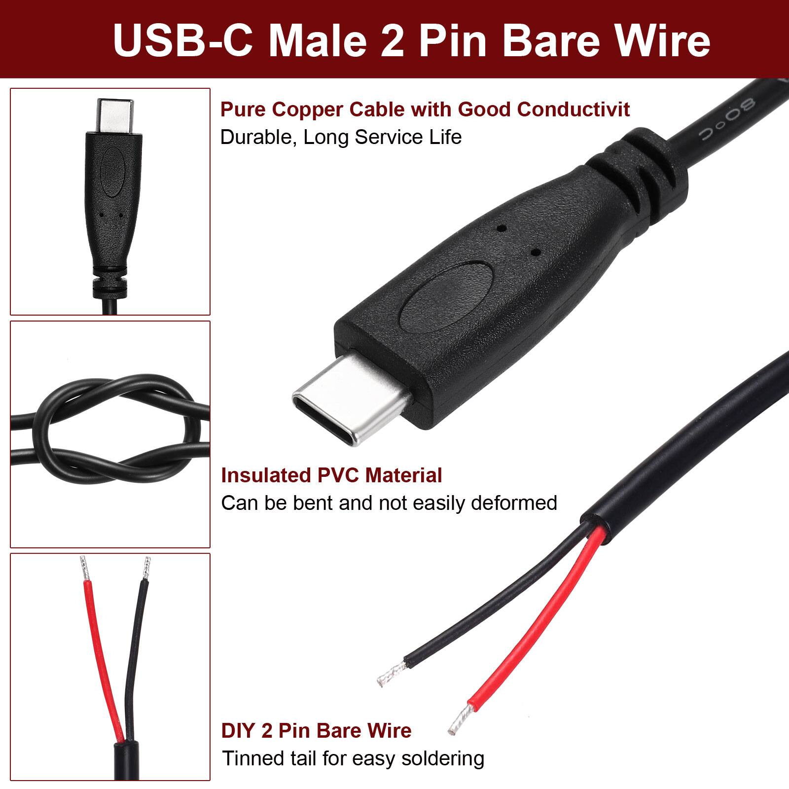 USB-C Male 2 Pin Bare Wire

- Pure Copper Cable with Good Conductivity
- Durable, Long Service Life
- Insulated PVC Material
- Can be bent and not easily deformed
- DIY 2 Pin Bare Wire
- Tinned tail for easy soldering