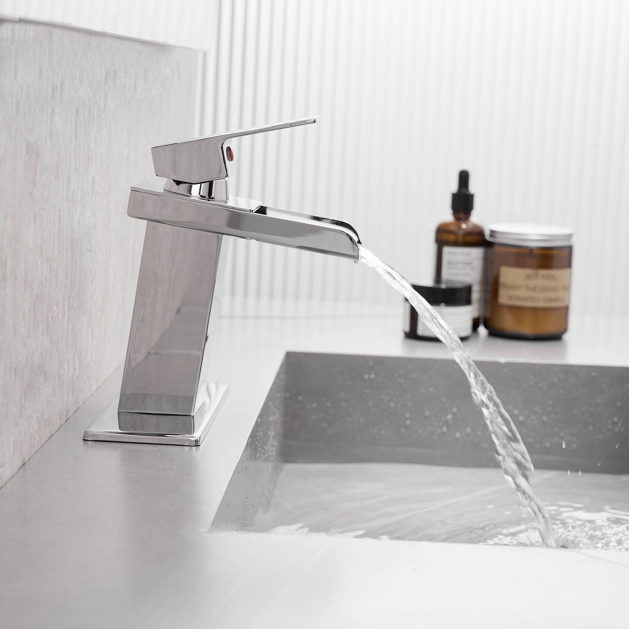Left. Boyel Living - Modern Waterfall Single Handle Single Hole Bathroom Faucet Chrome with Deck Plate and Water Supply Hoses - Chrome.