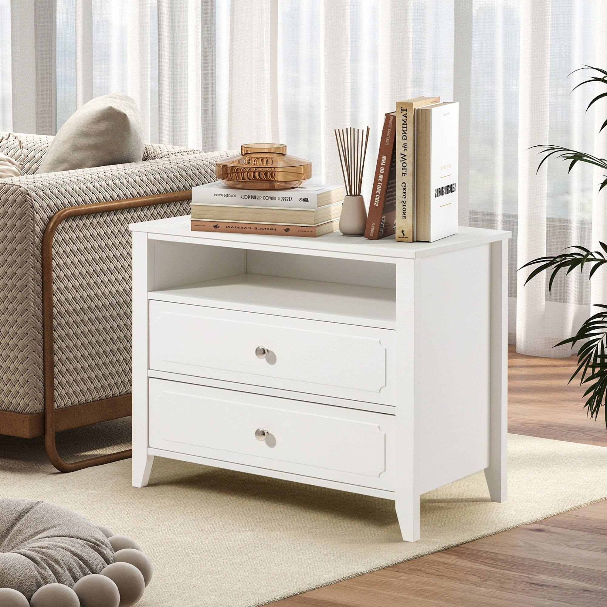 Angle. U-HOMY - Modern 2-Drawer Nightstand with Open Shelf, Wide Bedside Table with Solid Wood Legs for Bedroom Storage - White.
