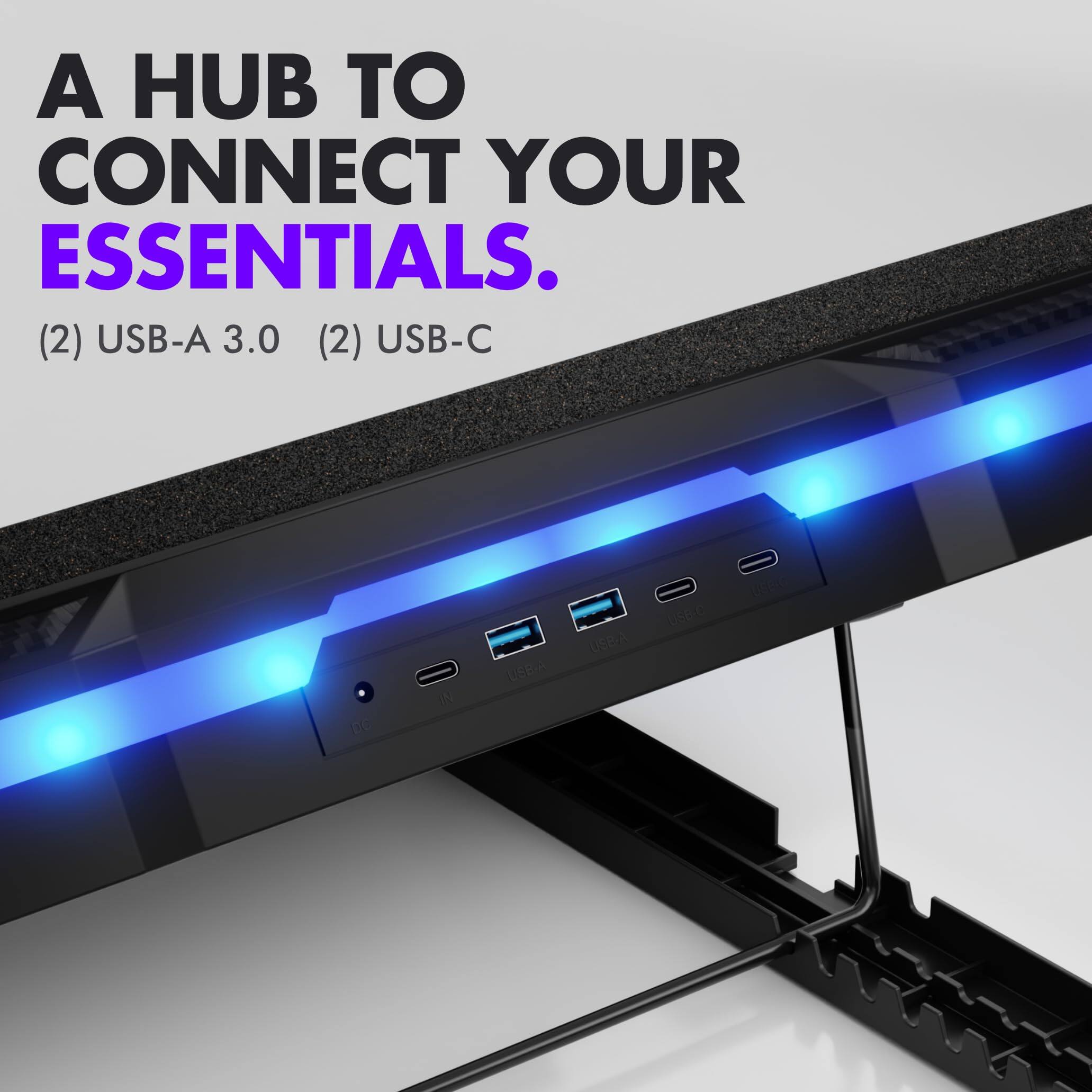 A HUB TO CONNECT YOUR ESSENTIALS.  
(2) USB-A 3.0  
(2) USB-C