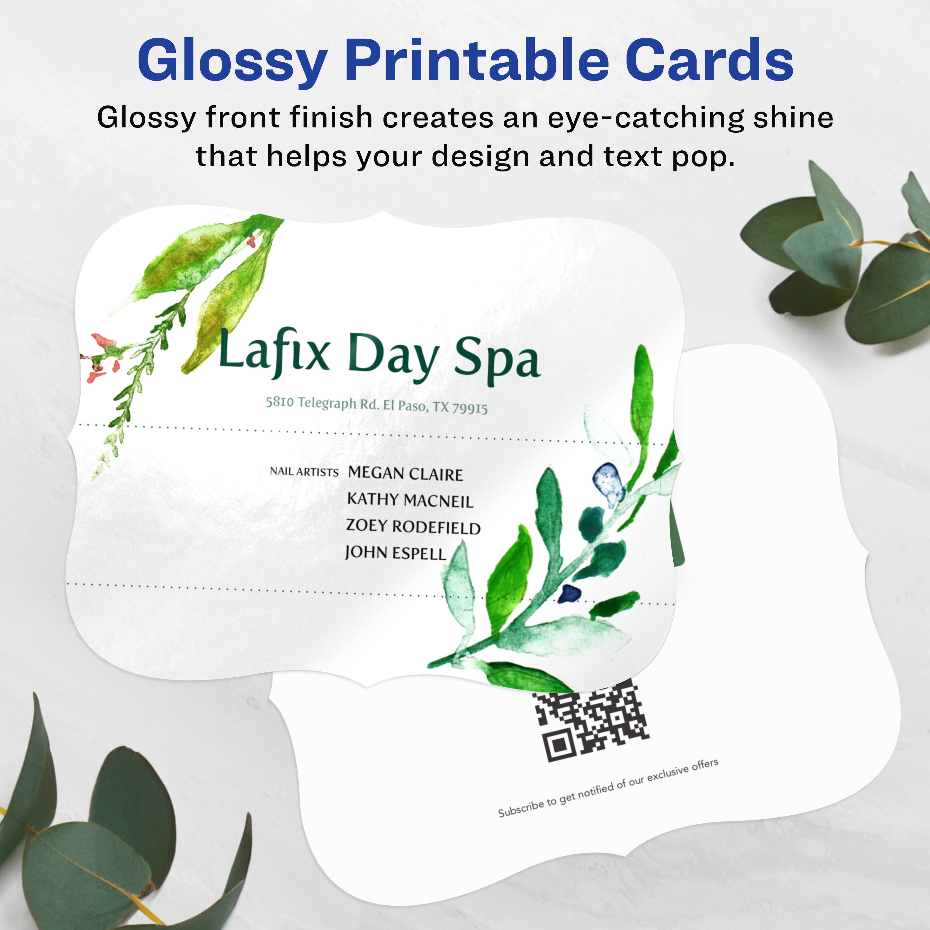 Glossy Printable Cards  
Glossy front finish creates an eye-catching shine that helps your design and text pop.

Lafix Day Spa  
5810 Telegraph Rd. El Paso, TX 79915

NAIL ARTISTS  
MEGAN CLAIRE  
KATHY MACNEIL  
ZOEY RODEFIELD  
JOHN ESPELL

Subscribe to get notified of our exclusive offers