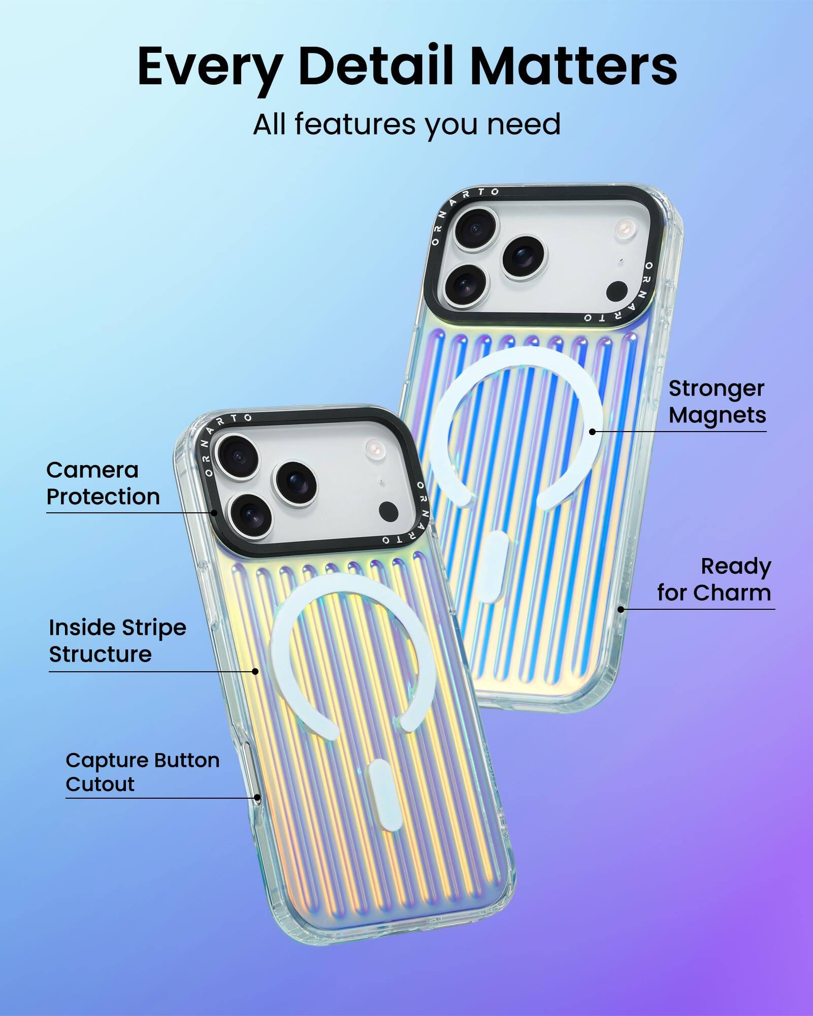 Every Detail Matters  
All features you need  

- Camera Protection  
- Inside Stripe Structure  
- Capture Button Cutout  
- Stronger Magnets  
- Ready for Charm