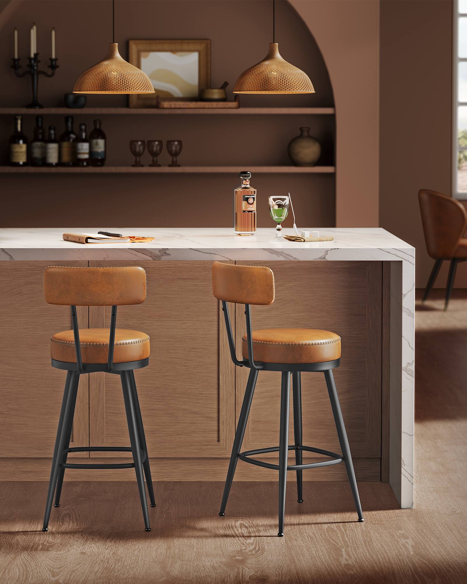 Left. Songmics Home - Bar Stools Set of 2, Swivel Counter Height Bar Stools with Back, Synthetic Leather with Stitching, Mid-Century Modern - Caramel.