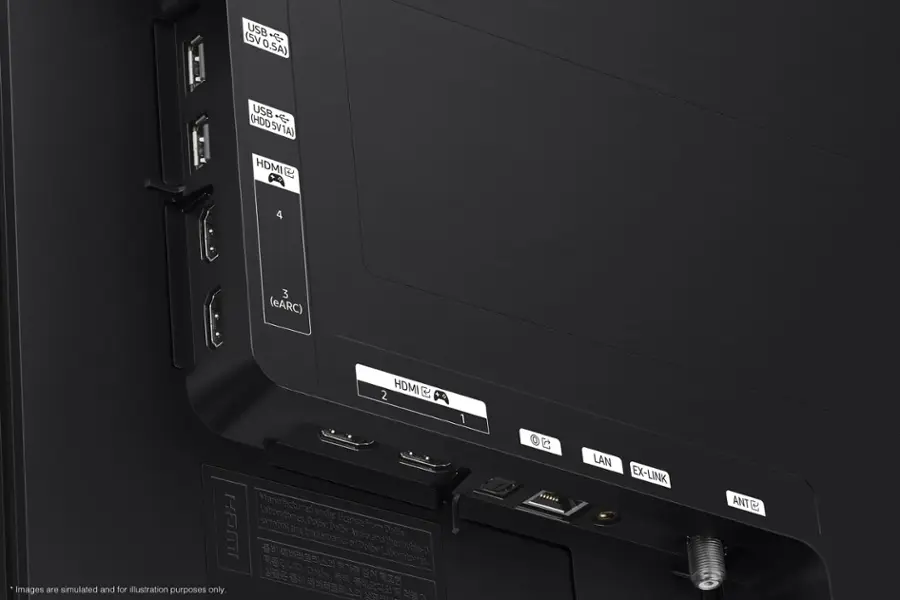 The text on the image reads:

USB (5V 0.5A) USB (HDD 5V1A) HDMI 4 3 (eARC) HDMI E 2 MA 1 Manufactured Laboratories controlled under 1H equL ae Dolby.Do underlicensing by zense. Dalby trademaris ls and diect C-elduotsn. Laboratorias Dolby. Images are simulated and for illustration purposes only. No C LAN EX-LINK ANT.