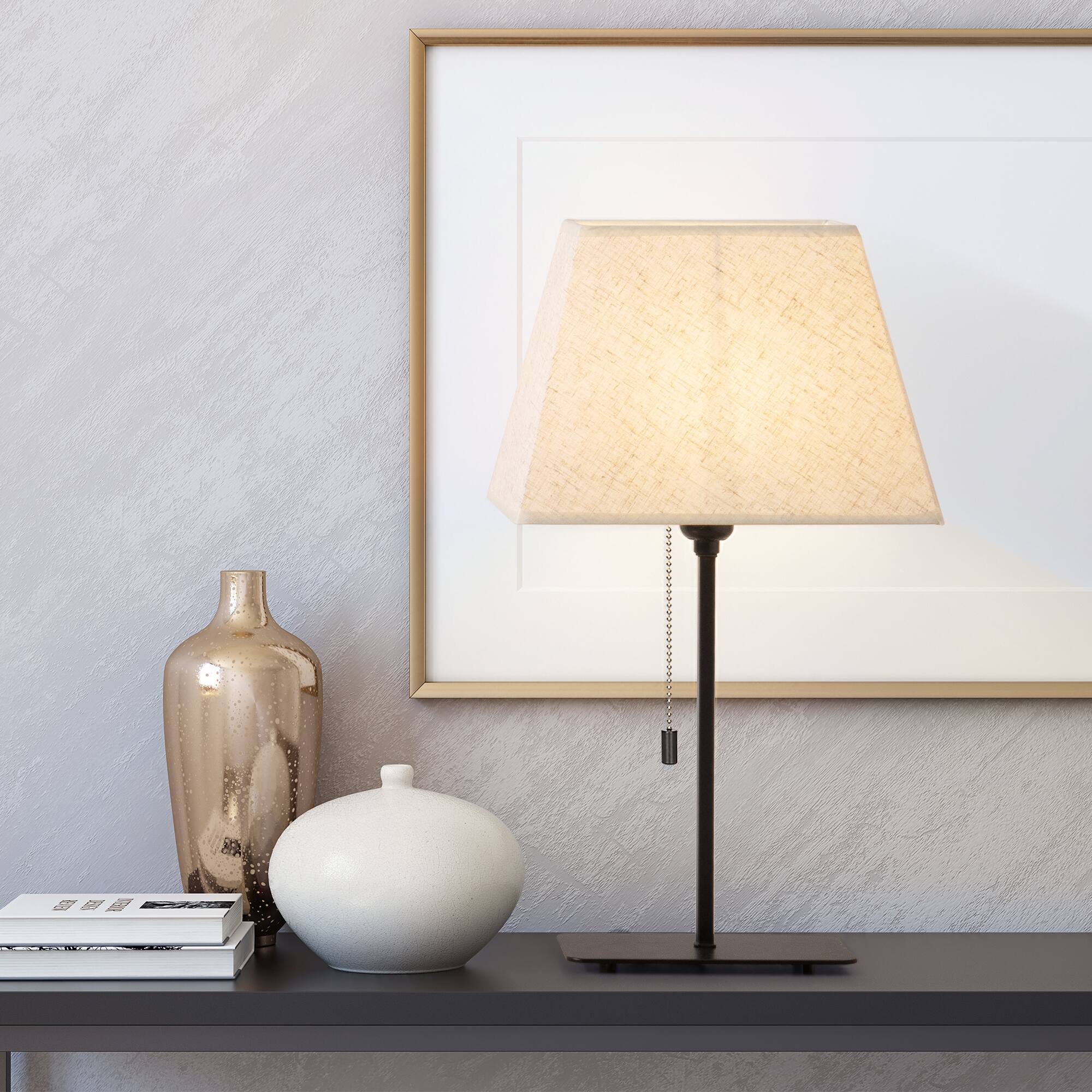 Back. Oumilen - 2-Piece Table Lamp Set with Rectangular Metal Base, Black Straight Rod and Beige Linen Shade.
