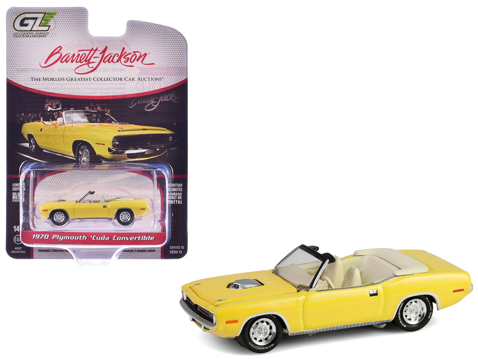 "1970 Plymouth 'Cuda Convertible Yellow ""Barrett-Jackson"" Series 15 1/64 Diecast Model Car by Greenlight" price history on PriceWatchPro