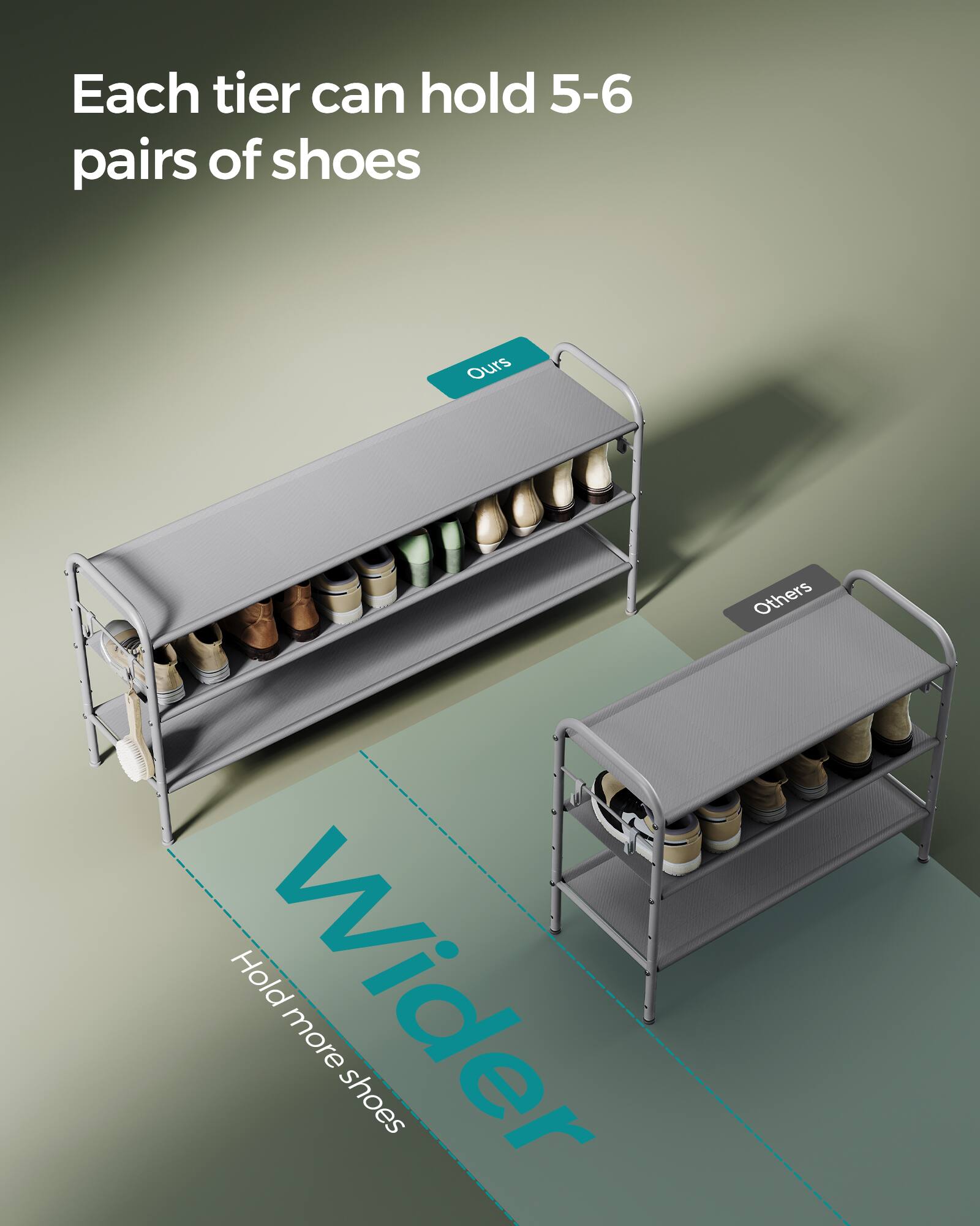 Each tier can hold 5-6 pairs of shoes.  
Ours hold wider, more shoes.  
Others