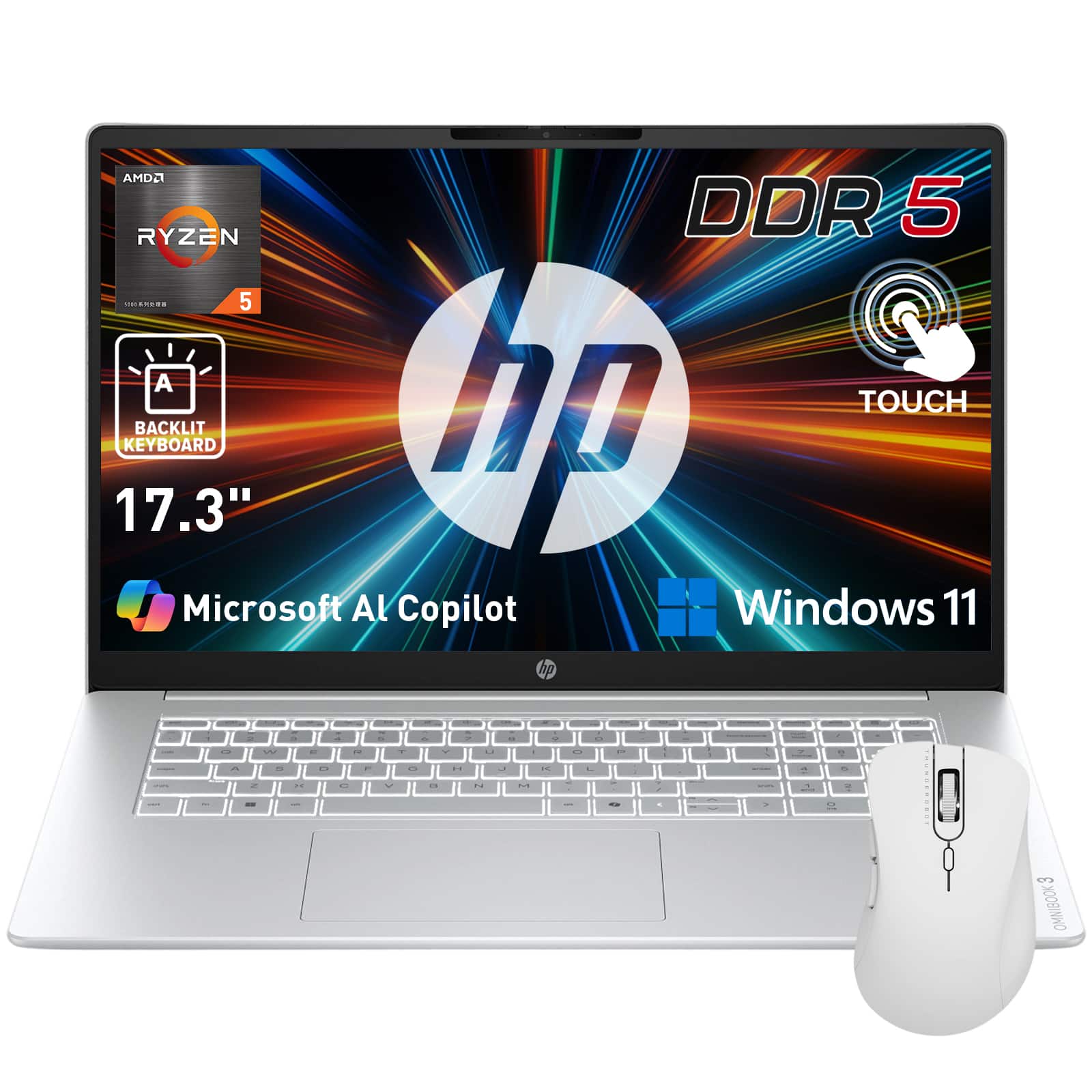 "HP - Upgraded - OmniBook 3 17.3"" FHD Touch Laptop - AMD Ryzen 5 130 - 24GB RAM 1TB SSD - Backlit KB -Wireless mouse white - Silver" price history on PriceWatchPro