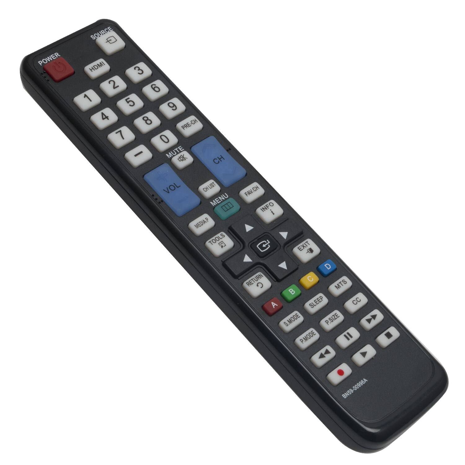 POWER  
SOURCE  
HDMI  
1 2 3 4 5 6 7 8 9 0  
PRE-CH  
MUTE  
CH VOL  
CH LIST MENU  
MEDIA TOOLS  
FAV.CH  
CH INFO  
EXIT  
RETURN  
RE C  
MTS  
SLEEP  
S.MODE  
P.SIZE  
P.MODE  
P.BN59-00996A