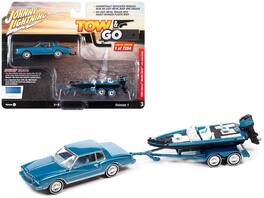 Johnny Lightning - 1980 Chevrolet Monte Carlo Bright Blue Metallic w/ Blue Interior Bass Boat & Trailer Limited 7264pcs Tow & Go 1/64 - Blue Metallic with Blue with Bass