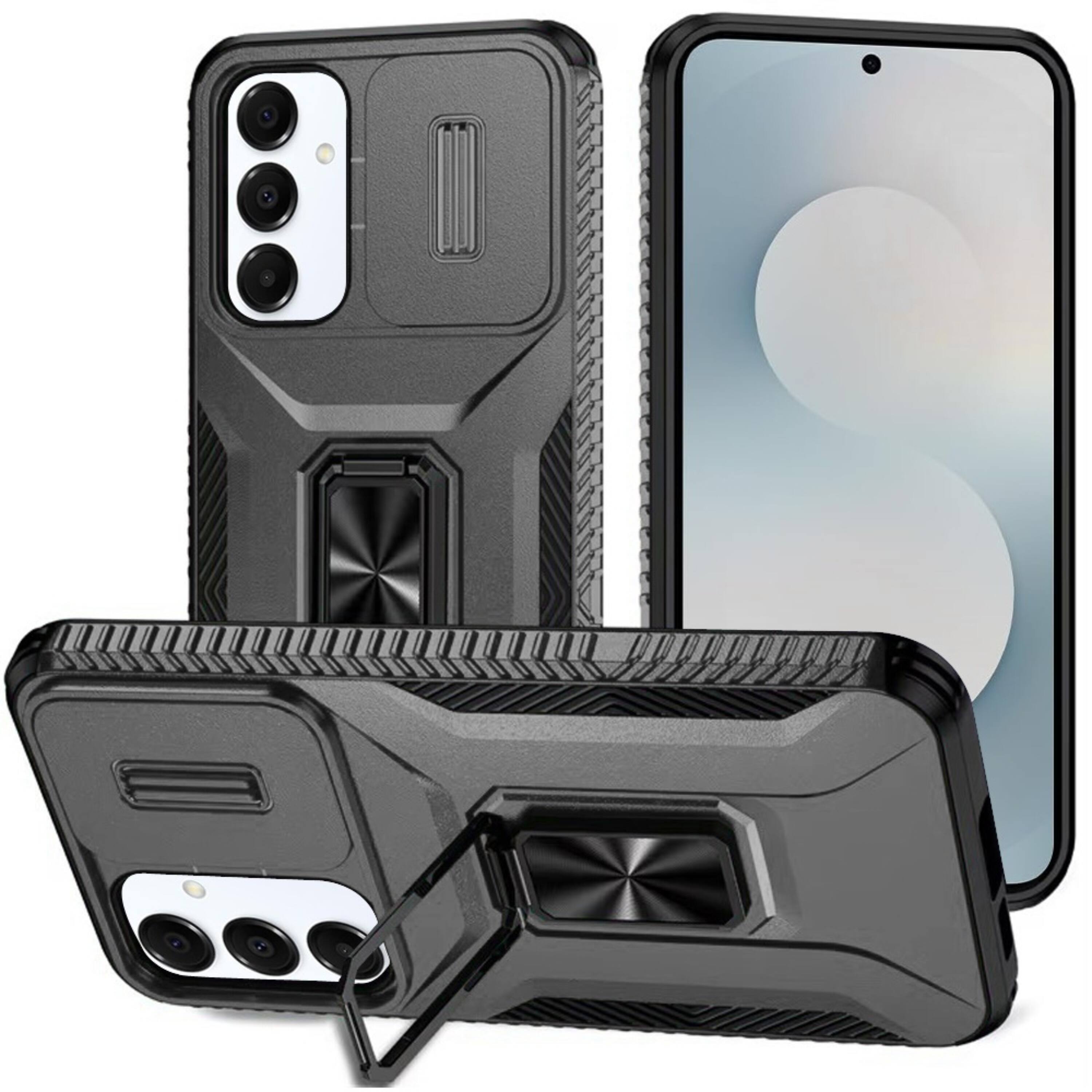 Front. Kitcheniva - Full Coverage Metal Stand Sliding Lens Case With Tempered Glass For Samsung S25 FE Grey - Gray.