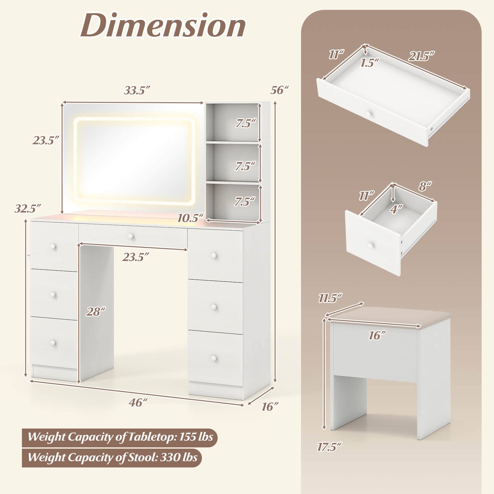 **Dimensions:**

- Tabletop:
  - Length: 56"
  - Width: 23.5"
  - Height: 10.5"
  - Depth: 32.5"

- Cabinet:
  - Height: 46"
  - Width: 28"
  - Depth: 23.5"
  - Shelf Height: 7.5" (4 shelves)

- Drawer:
  - Length: 21.5"
  - Width: 11"
  - Height: 1.5"

- Stool:
  - Length: 16"
  - Width: 16"
  - Height: 17.5"
  - Seat Height: 11.5"
  - Seat Depth: 11"
  - Seat Width: 8"
  - Leg Height: 4"

**Weight Capacity:**
- Tabletop: 155 lbs
- Stool: 330 lbs