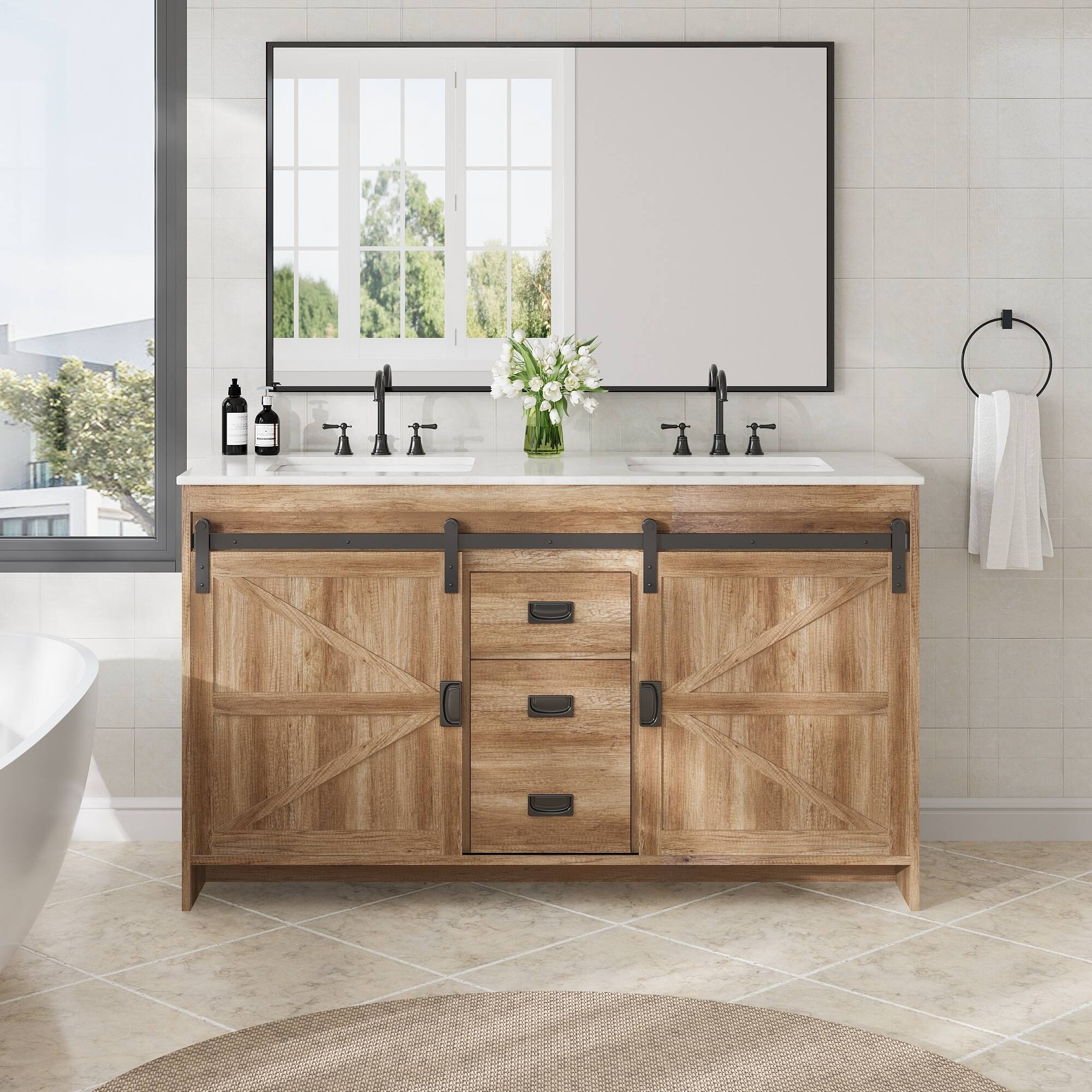 Angle. U-HOMY - Farmhouse Bathroom Vanity with Ceramic Countertop, Sliding Barn Door and Storage Drawers for Organized Spaces - 60"- Brown.