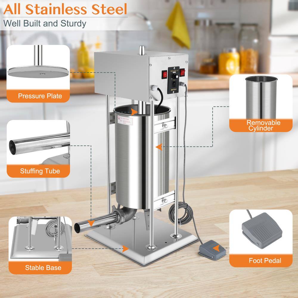 All Stainless Steel  
Well Built and Sturdy  

- Pressure Plate  
- Removable Cylinder  
- Stuffing Tube  
- Stable Base  
- Foot Pedal