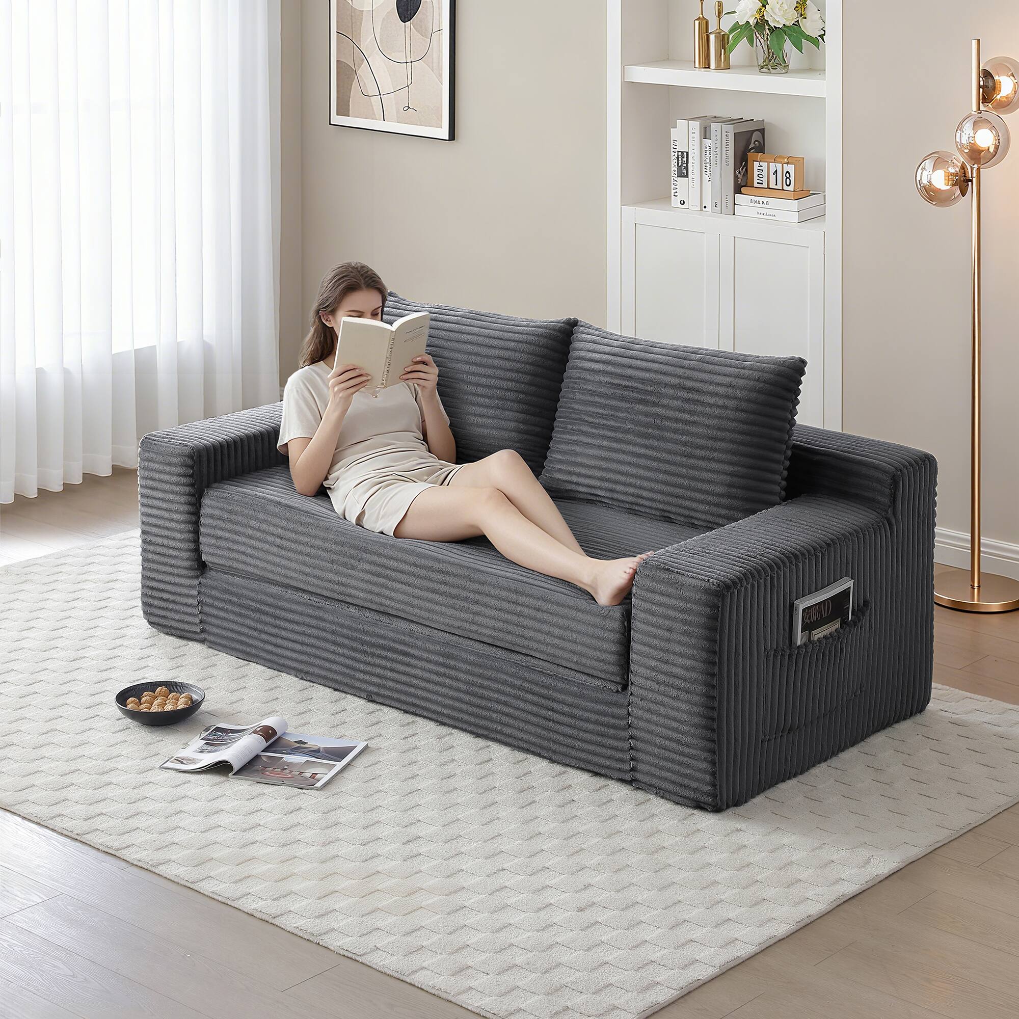 Back. Trinkets Crazed - Memory Foam Cloud Loveseat Sofa,2 in 1 Convertible Folding Couch Bed,No Assembly Compressed Corduroy Floor Lounge Sofa - Gray.