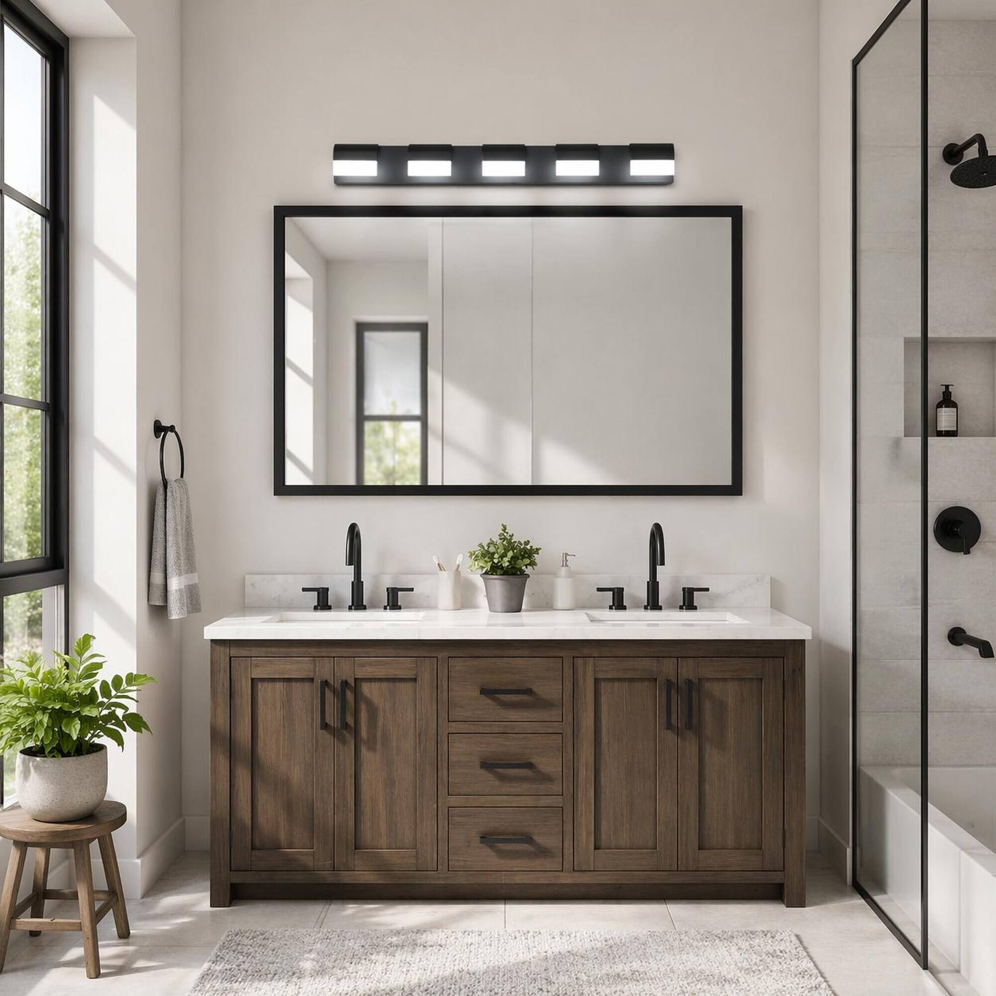 Angle. RYHNUYNE - 5‑Light Black LED Bathroom Vanity Light,Modern Acrylic Wall Mount Vanity Mirror Light for Bathroom Mirror - Black.