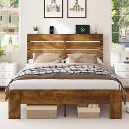 LUCKY ONE - Full Bed Frame with Under Bed Storage, LED Lights, Charging Station - Antique Natural