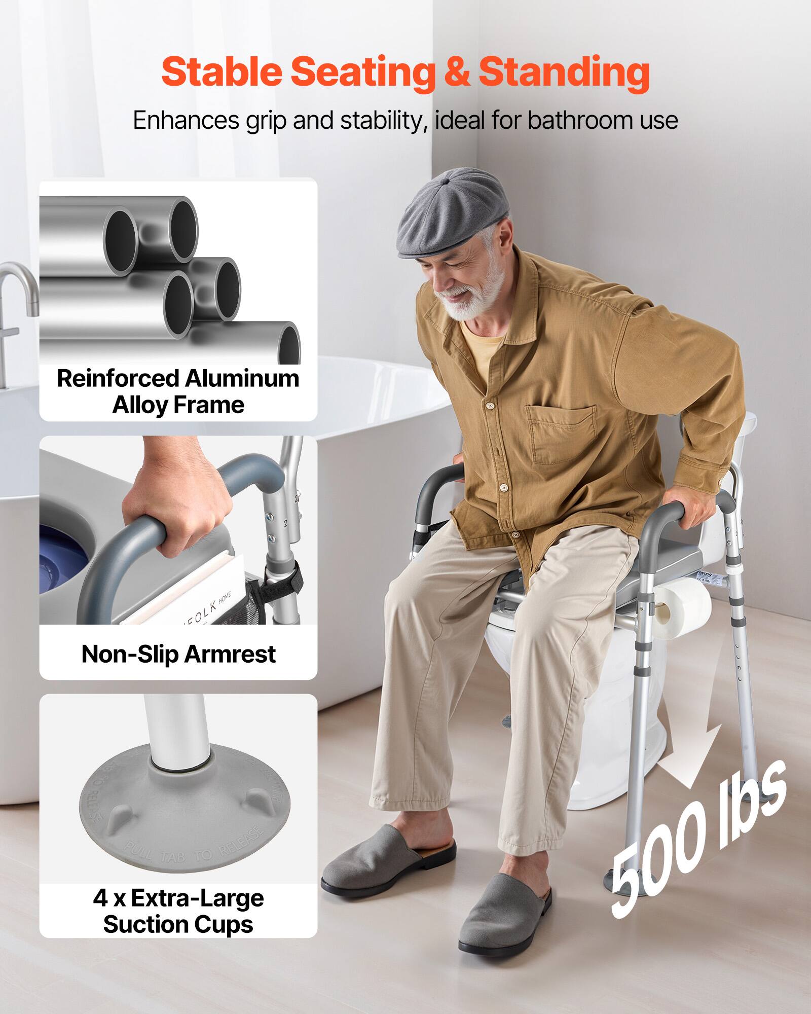 Stable Seating & Standing, Enhances grip and stability, ideal for bathroom use, Reinforced Aluminum Alloy Frame, Non-Slip Armrest, 4 X Extra-Large Suction Cups, 500 lbs