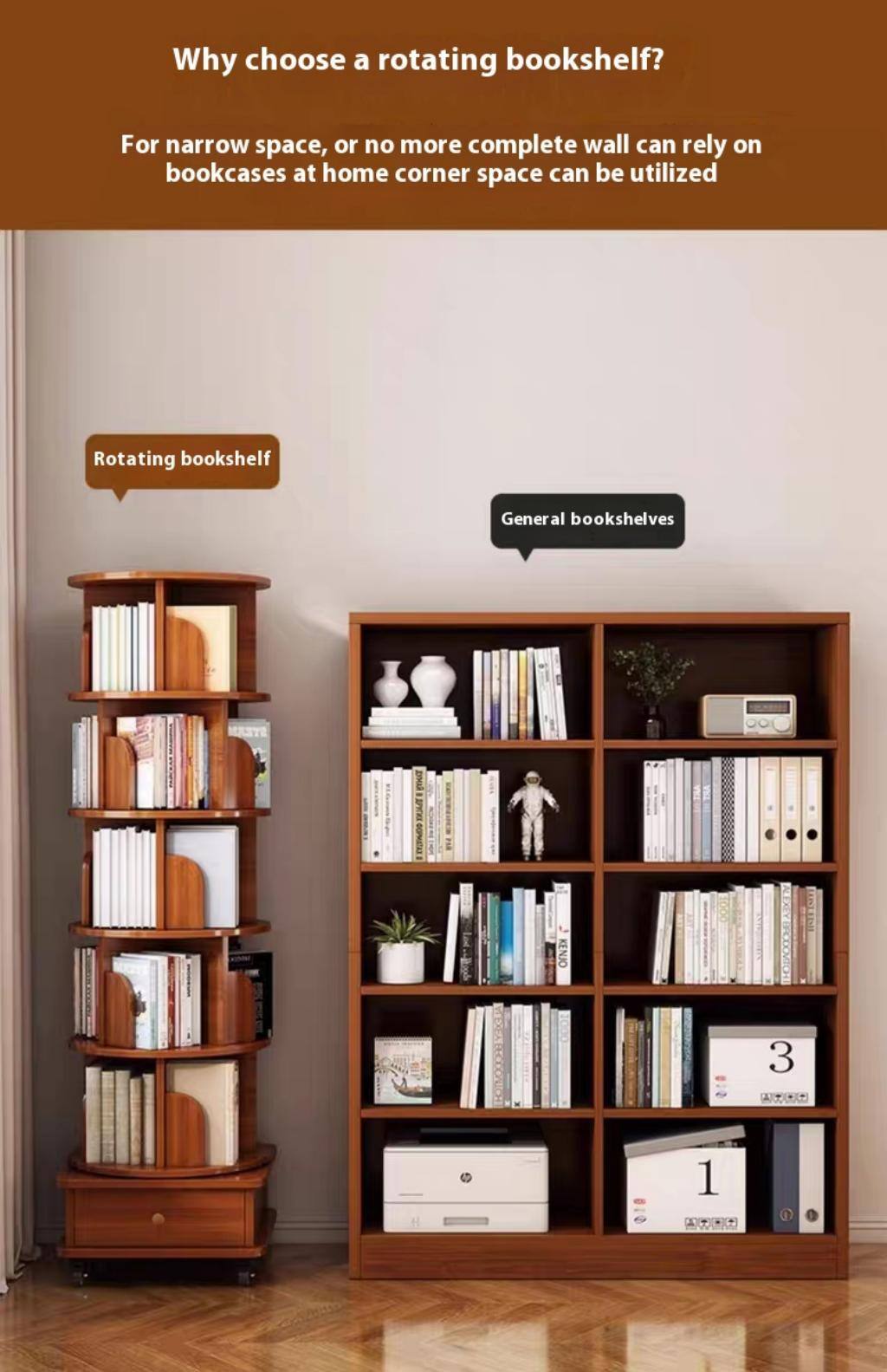 Why choose a rotating bookshelf?

For narrow space, or no more complete wall can rely on bookcases at home corner space can be utilized

Rotating bookshelf

General bookshelves