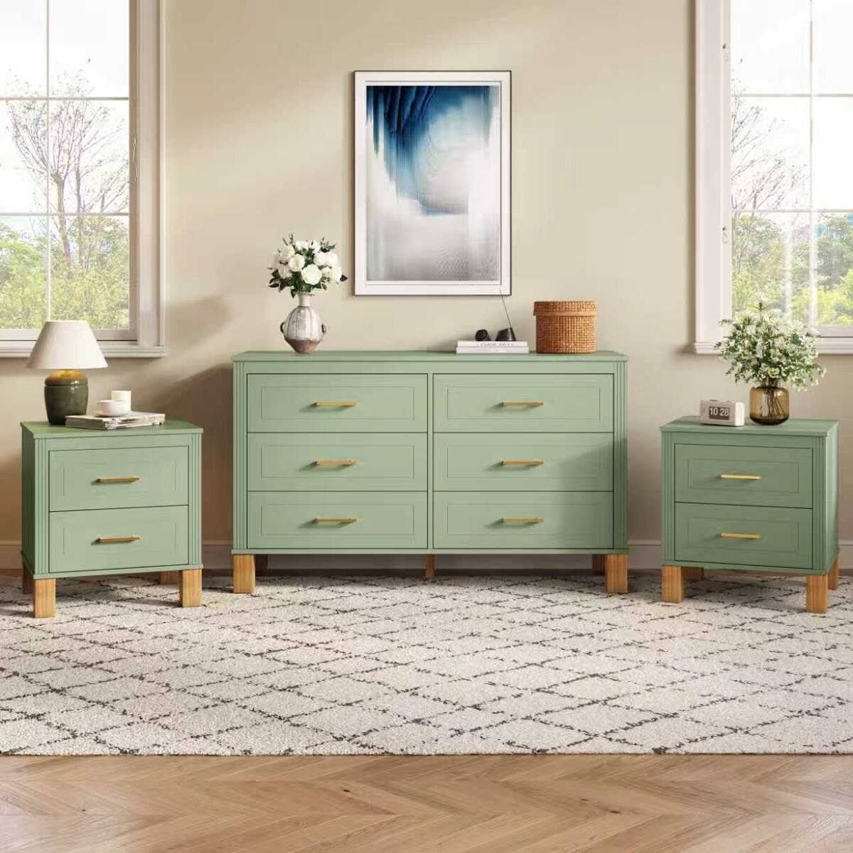 Alt View 3. Loheer - Loheer 2 Drawer Nightstand, Sage Green Fluted Design, Solid Wood Legs - Sage Green.